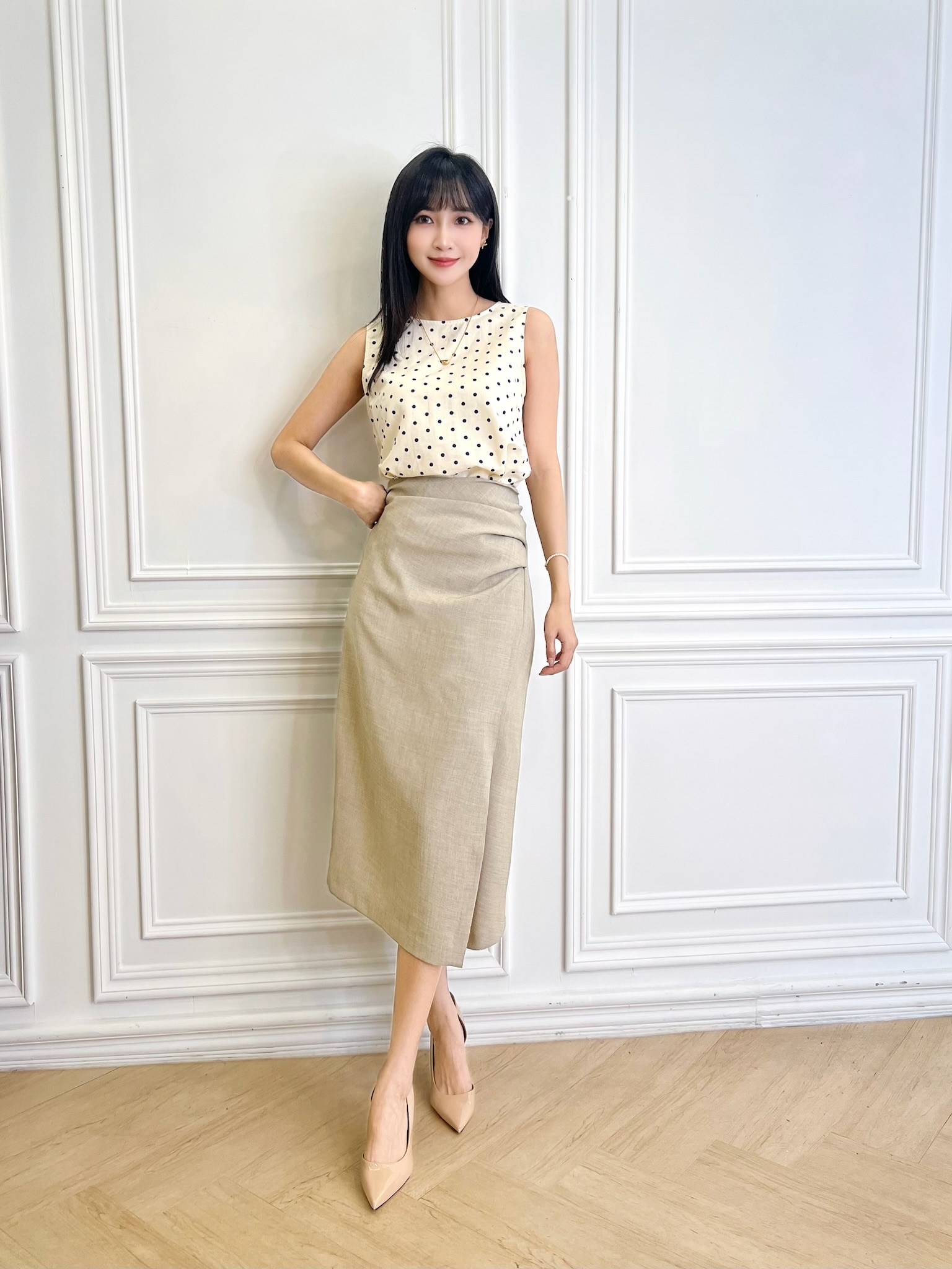 側抓皺開衩窄裙