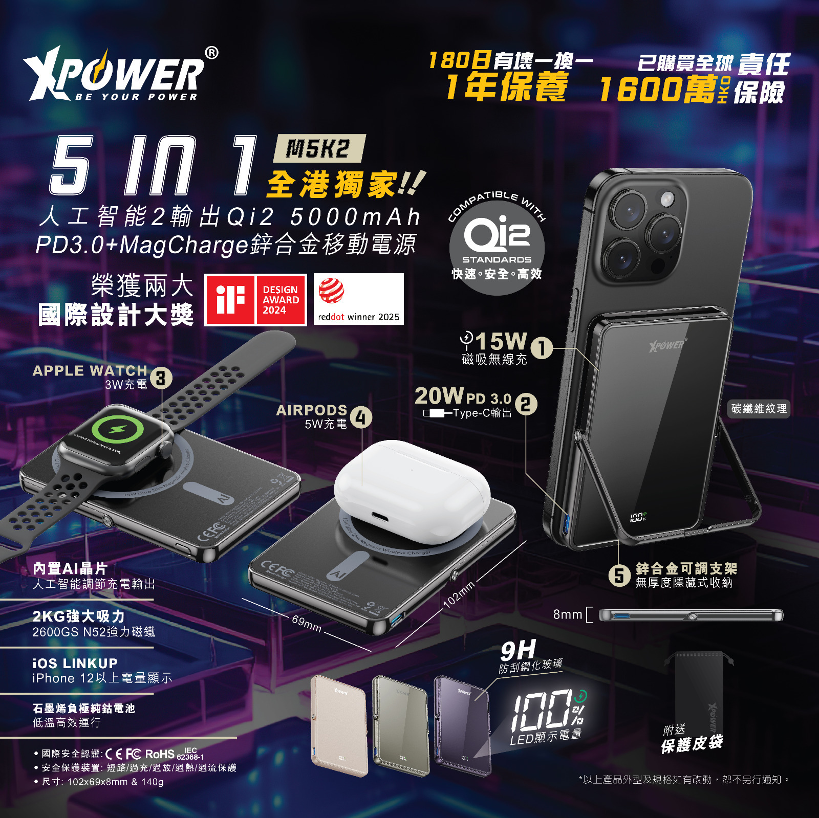 (隨機顏色)XPower M5K2 5合1鋅合金支架數顯 5000mAh PD3.0+QI2 磁吸移動電源