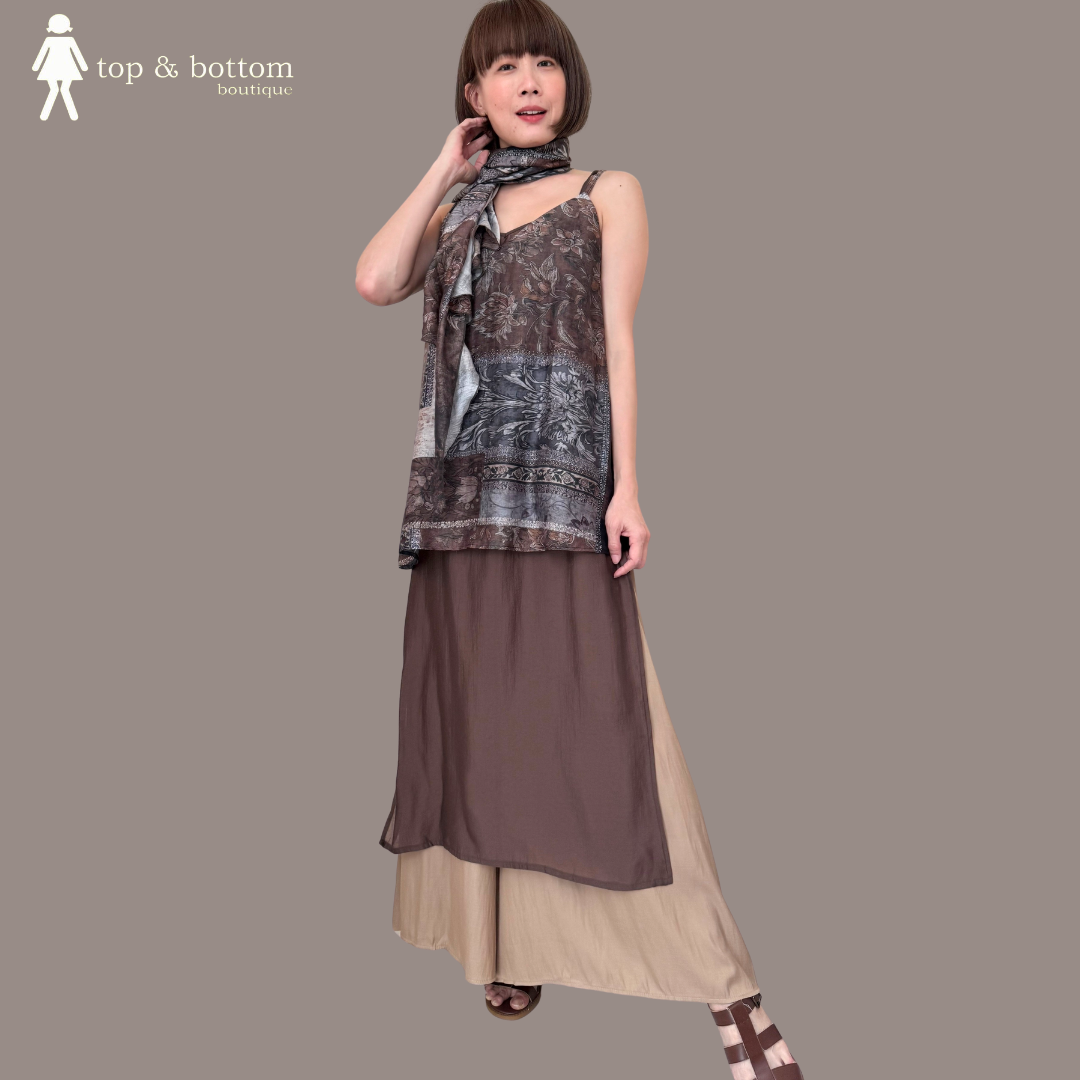 STRAP PRINTED SILKY BLOUSE WITH SCARF