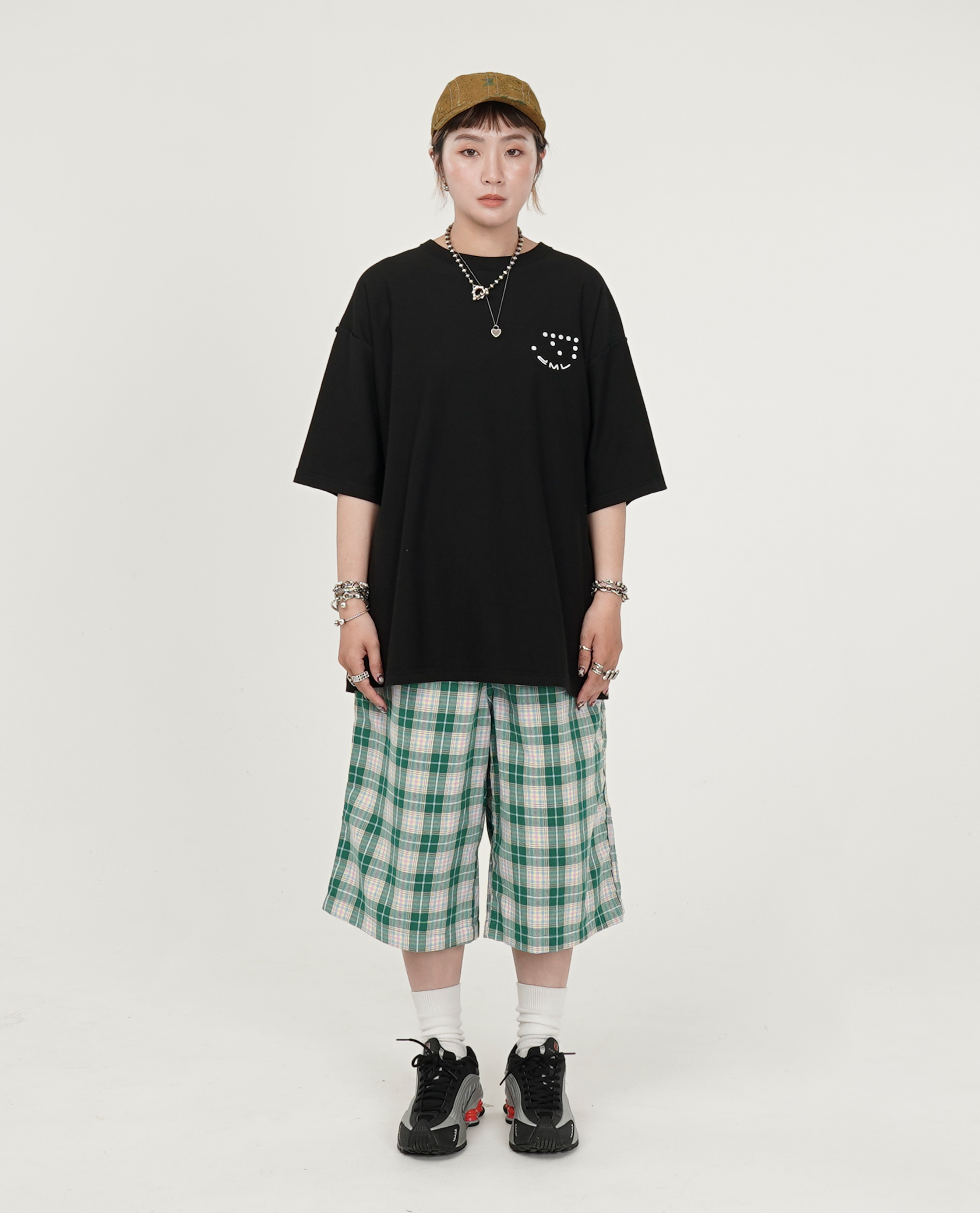 棉麻格紋綁繩膝下褲