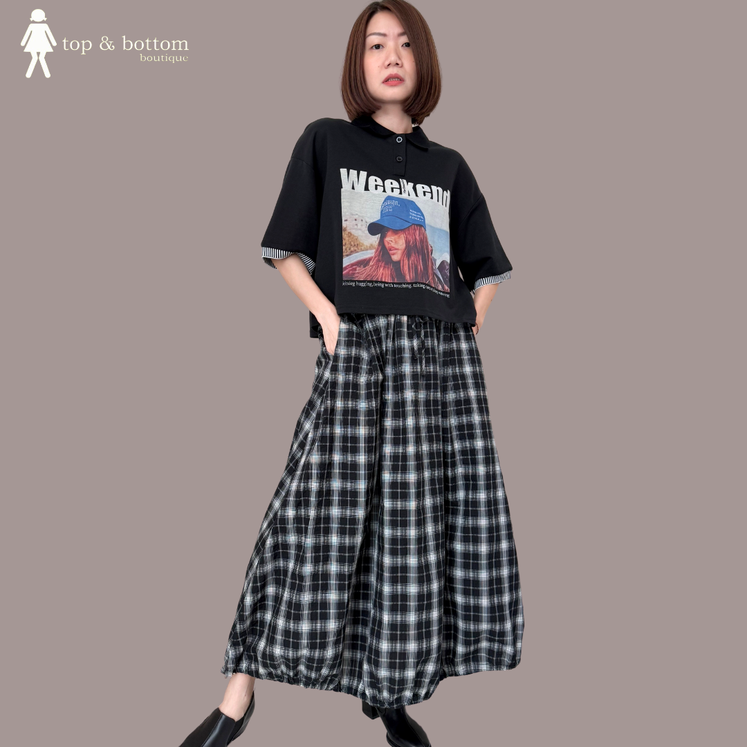 TIE-STRING HEM CHECKED BUBBLE MIDI SKIRT