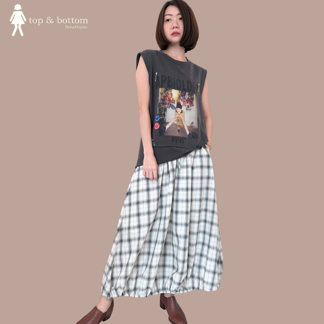 TIE-STRING HEM CHECKED BUBBLE MIDI SKIRT