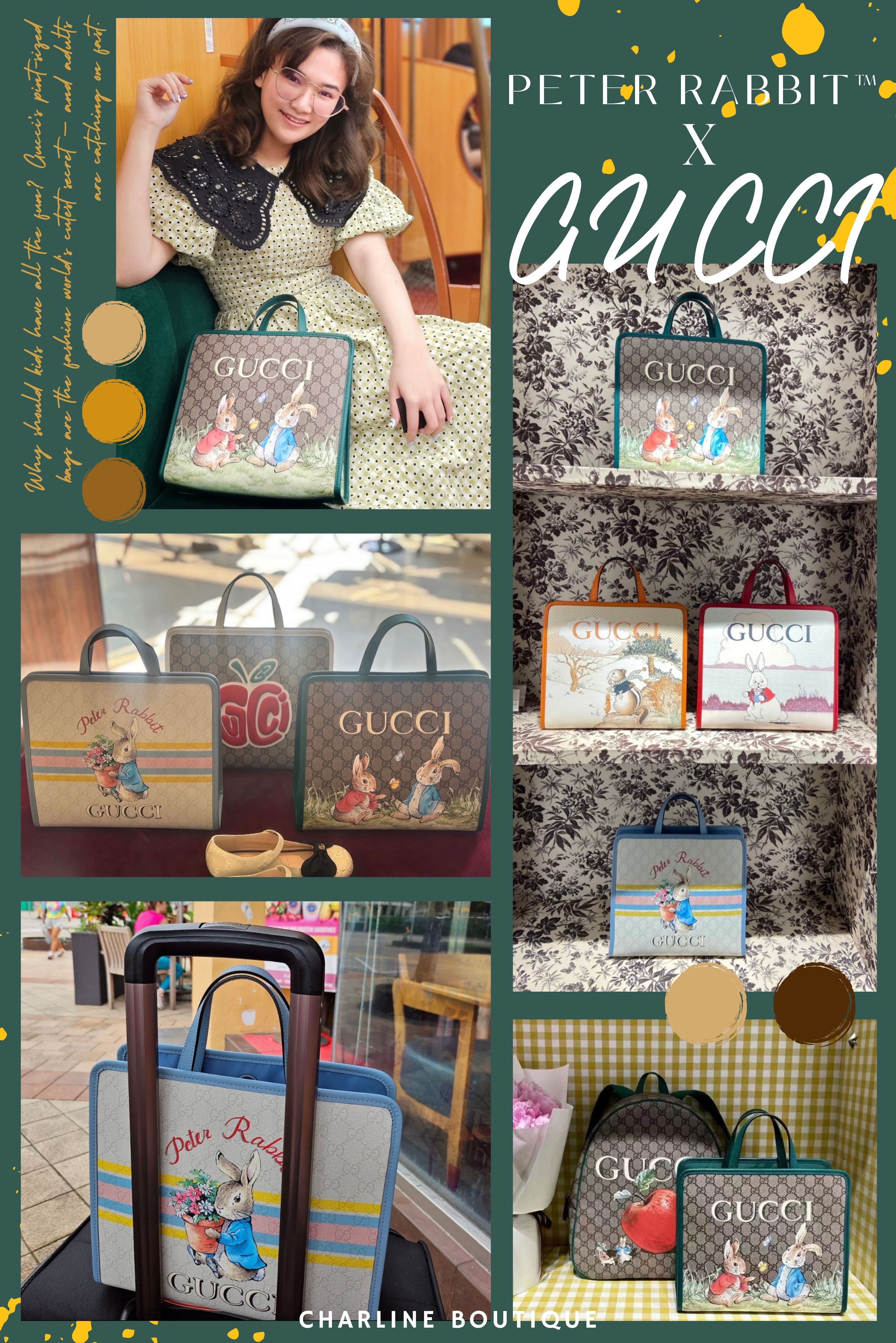 ✅ Peter Rabbit™ x Gucci  接下來這系列，主要靈感則源自於英國插畫家 Beatrix Potter™ 的水彩畫。各式動物印花及刺繡為2024早春兒童系列帶來歡悅氛圍與童真意趣，俏皮可愛的彼得兔與品牌標誌巧妙的融合，俏皮可愛的兔子和其他動物與品牌標誌巧妙搭配在包包上，這款托特包匠心綴飾俏皮印花，展現趣緻魅力。繪畫風格細膩，搭配皮革滾邊，不止兼具童趣還有實用性超高，相信每一款都會是彼得兔粉絲難以抗拒的。當然也為T-shirt、軟配件等各類單品增添色彩。