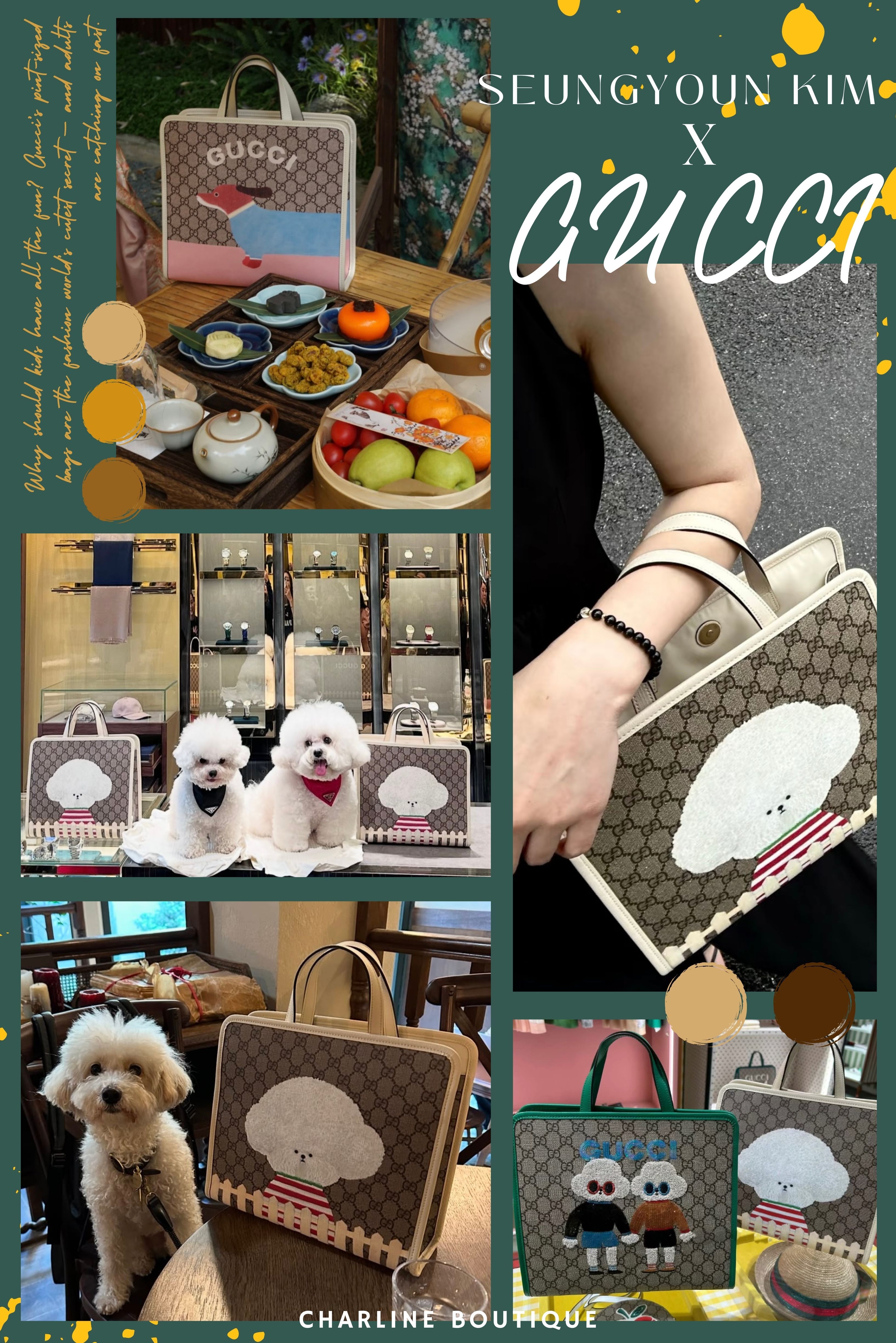 ✅ Seungyoun Kim x Gucci  看到 Gucci 小狗印花托特包，才發現韓國插畫家 Seungyoun Kim 作品這麼治癒！作為 2023 年波隆那童書展的獲獎插畫家，Seungyoun Kim 畫筆下的世界總在童趣中又帶點奇幻調性，除了以狗狗、貓咪為雛形作畫外，也時常細細描繪出人類與動物之間的幽微情感，出版過 29 本繪本，且每本都是令人想要一讀再讀的佳作，以至於有許多讀者反饋，每次讀 Seungyoun Kim 的繪本時，總會有新的畫面出現在腦海中。Seungyoun Kim x Gucci這系列是與韓國插畫家兼作家 Seungyoun Kim 合作推出的手繪系列。插畫家將自家狗狗化為立體刺繡與插畫圖案，像是比熊跟臘腸，再搭配米色／烏木 GG Supreme 帆布、藍色飾邊與撞色提把，萌感爆棚，以其最招牌的狗狗插畫為主旋律，超療癒的圖案簡直令人一見鐘情，狗派控絕對必收。