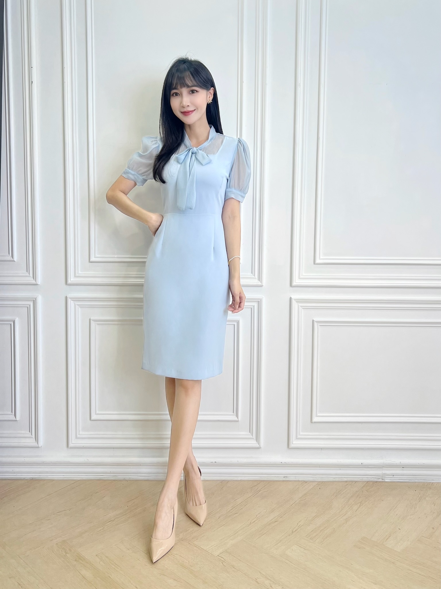 優雅透紗領巾短袖洋