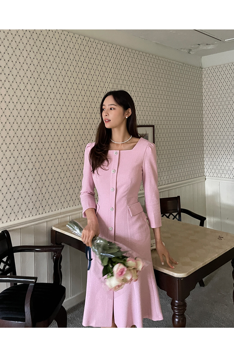 [福利品]氣質鑽釦魚尾洋裝 [ 粉色 / S ]