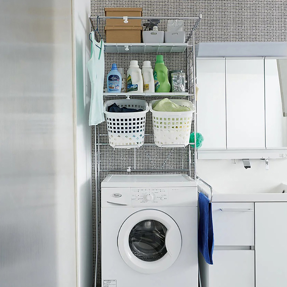 Luminous Series鋼製可伸縮雙層洗衣機置物架 寬56~82cm×深53～73cm(附收納籃×2)