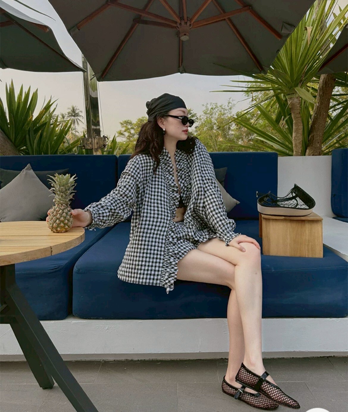 黑白格紋荷葉滾邊襯衫罩衫+短褲SET-XS-L (Elegant & Love)