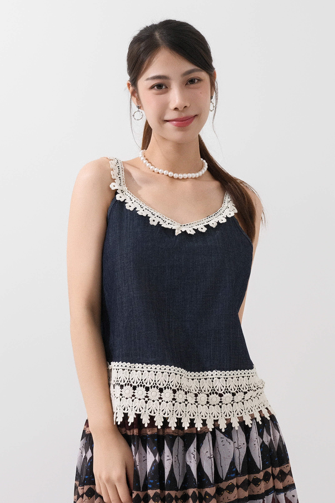 大花邊牛仔吊帶背心 (*現貨款式）
