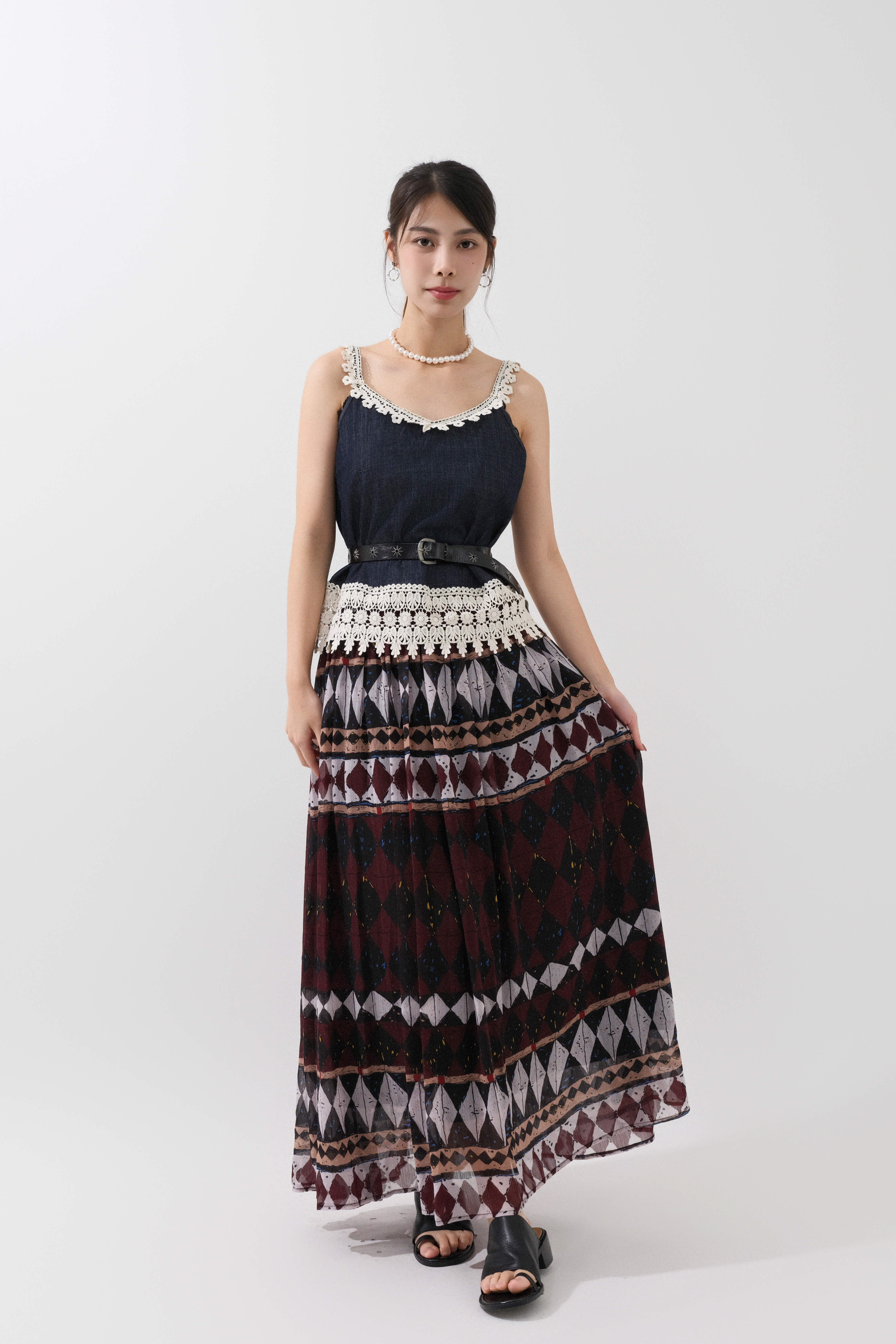 大花邊牛仔吊帶背心 (*現貨款式）