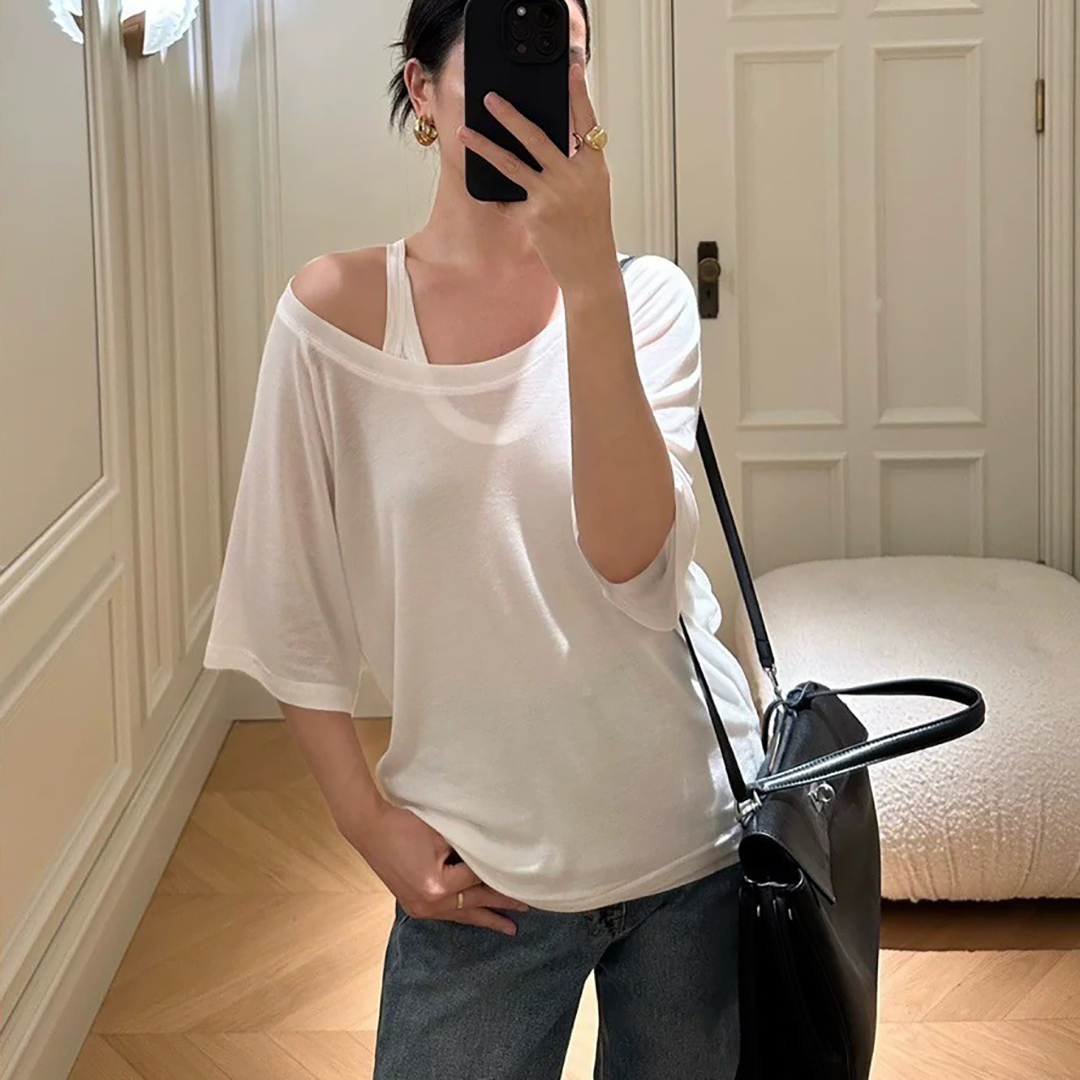慵懶感單邊露肩上衣+背心SET-S-M / 3色 (Elegant & Love)