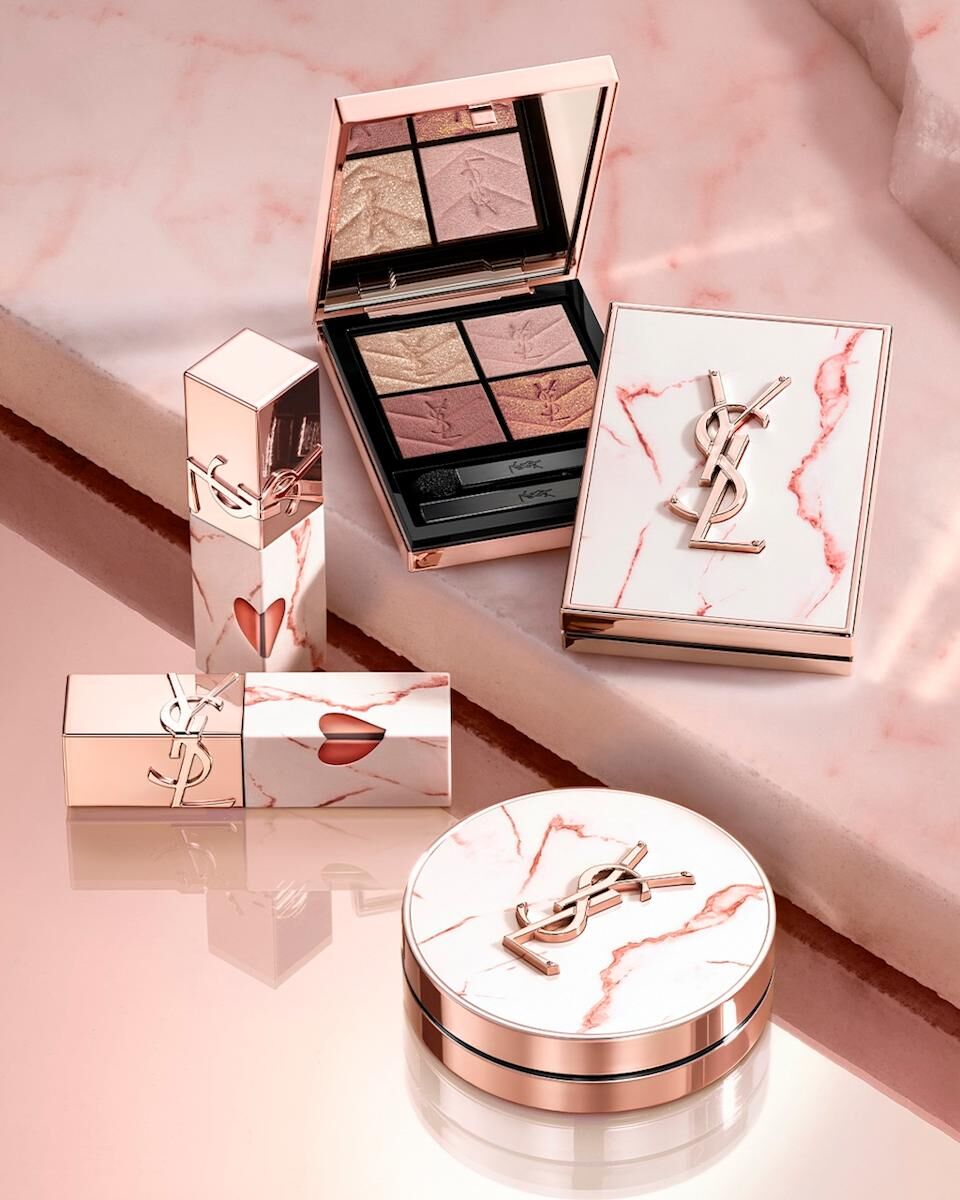 現貨  YSL聖羅蘭 七夕粉色大理石系列 奢華印記鎖心光唇釉 #610#442 時尚4色眼影盤#825 超模光感精華水氣墊#B10
