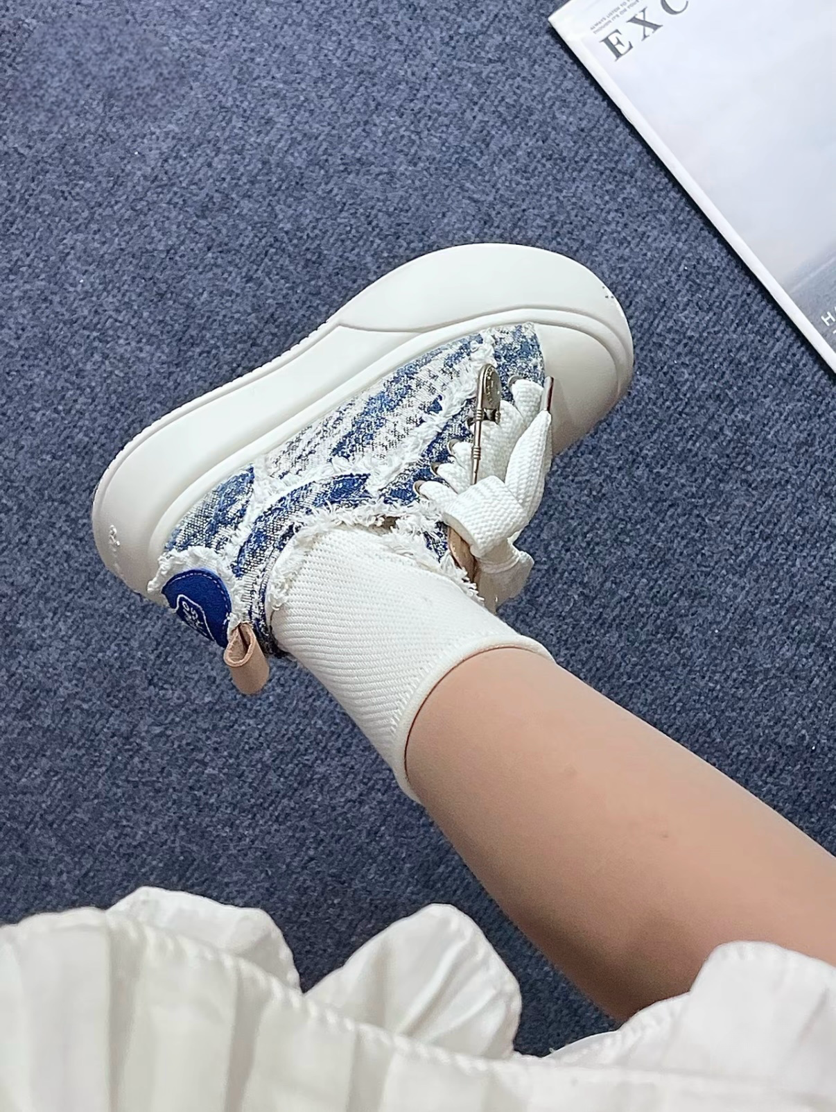 SOAP OPERA 解構開口笑大頭鞋 泡泡鞋 牛仔星空 小香風 藍色 厚底 寬鞋帶 不修邊 別針 笑臉 帆布鞋 大頭鞋/預購