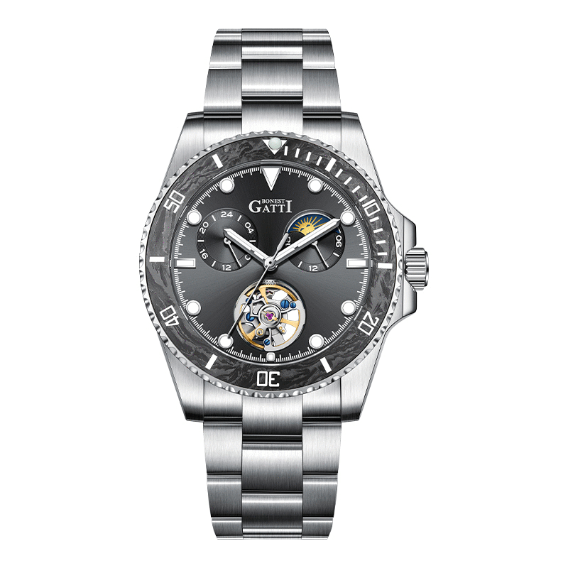 【Bonest Gatti 布加迪】超越潛航系列 BG8003 真兩眼 雙面鏤空 日月星辰 夜光 碳纖維 機械錶
