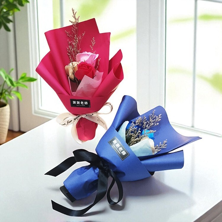 桃紅藍色三朵乾燥花香皂花玫瑰花束,桃園花店,幸福禮物,3-stalks-rose dryflower bouquet