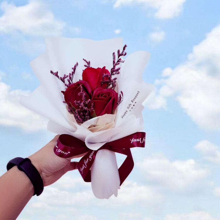 紅色三朵乾燥花香皂花玫瑰花束在天空藍天白雲,桃園花店,幸福禮物,3-stalks-rose dryflower bouquet