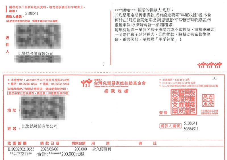 比樂懿股份有限公司（Dr.情趣）捐款家扶基金會20萬元之收據