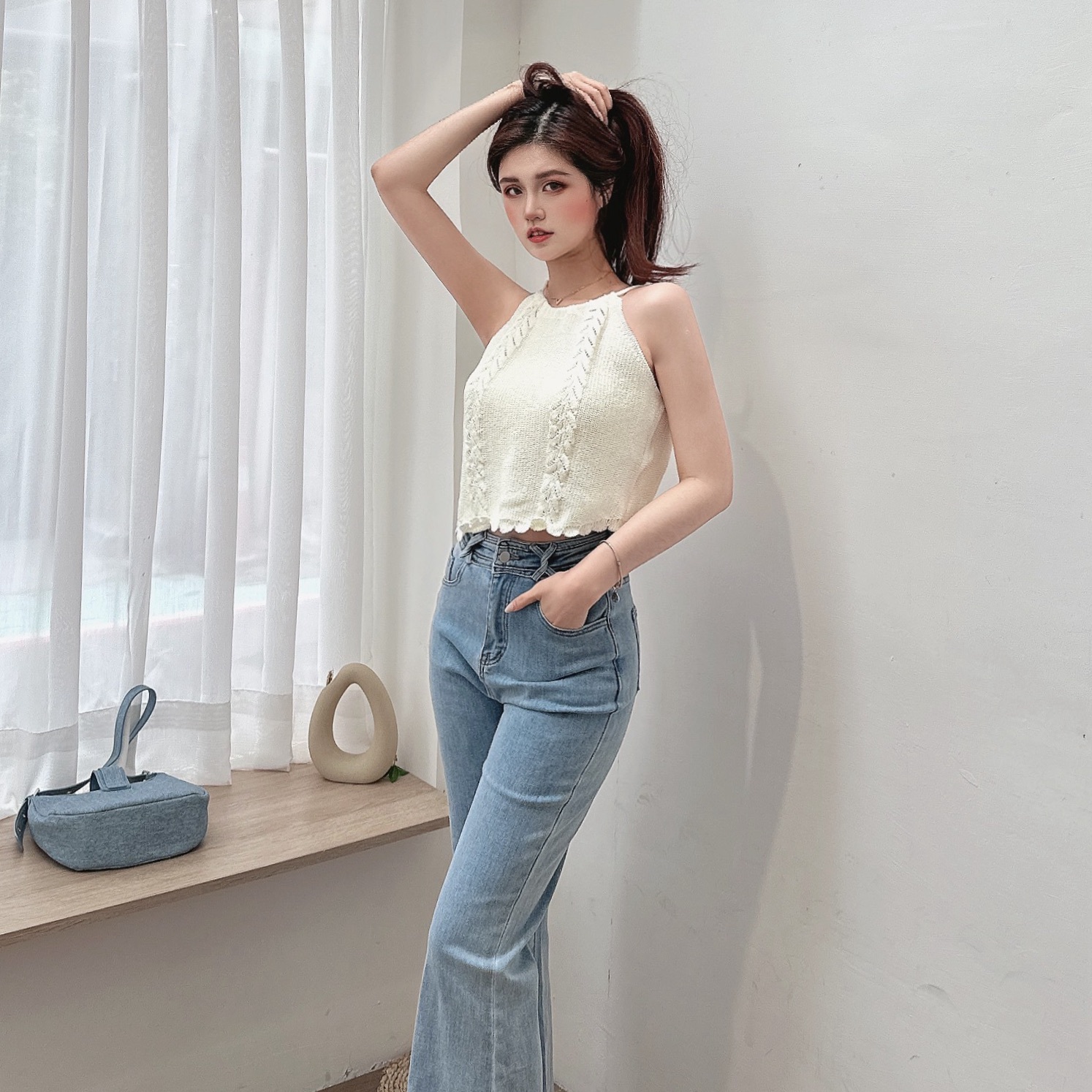 麻花後簍空針織背心/三色