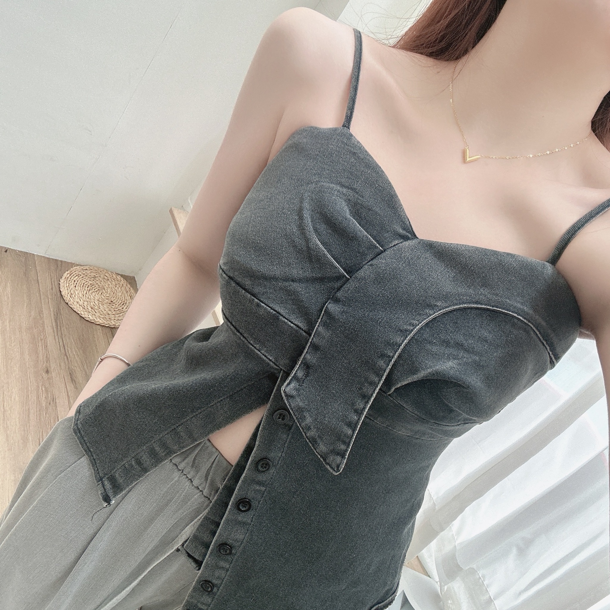 馬甲牛仔細肩帶背心/二色