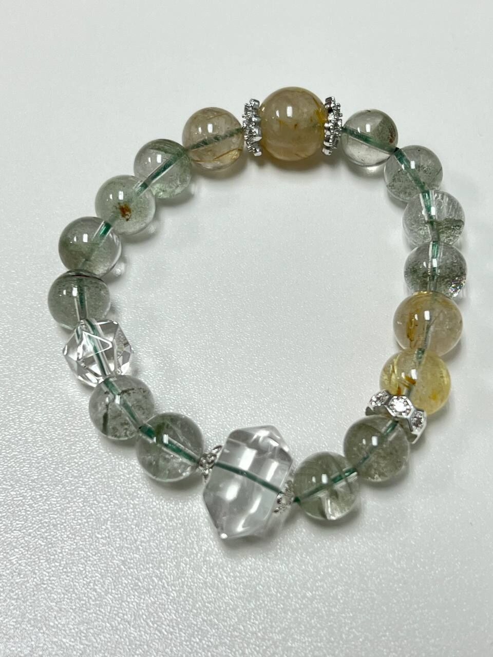 [S] GEMZ & CO ZBA GREEN PHANTOM/GOLD RUTILE/FREEFORM CLEAR QUARTZ 10MM WITH SILVER ACC BLT, Y191 (Y191)