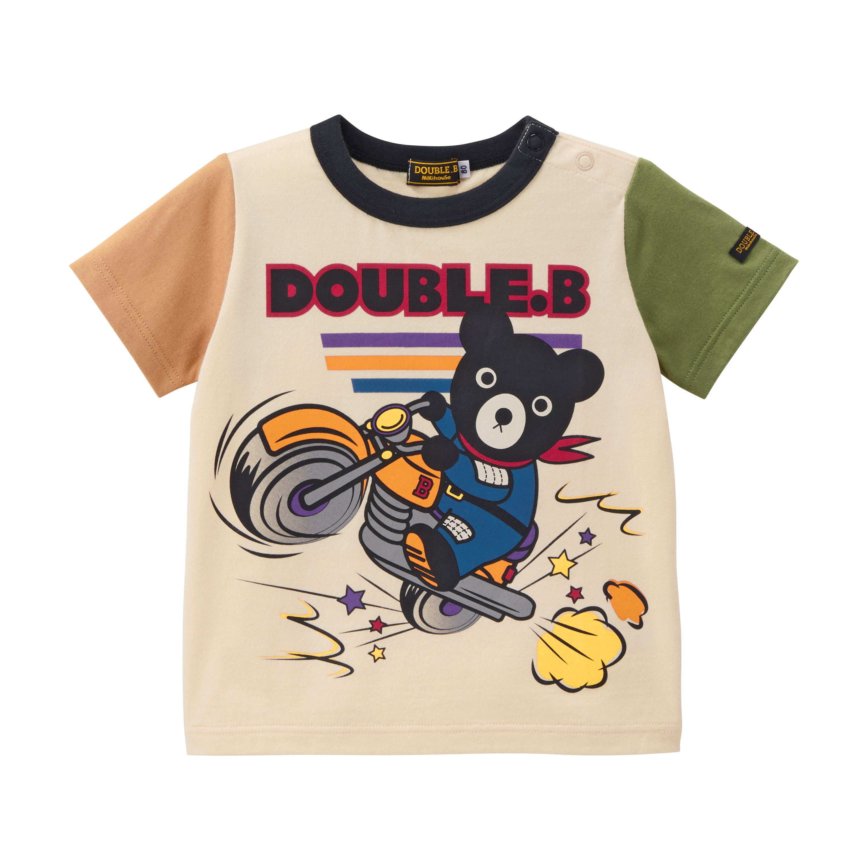 DOUBLE_B 漫畫熊手繪摩托車輛拼色竹節棉短袖T恤-卡其