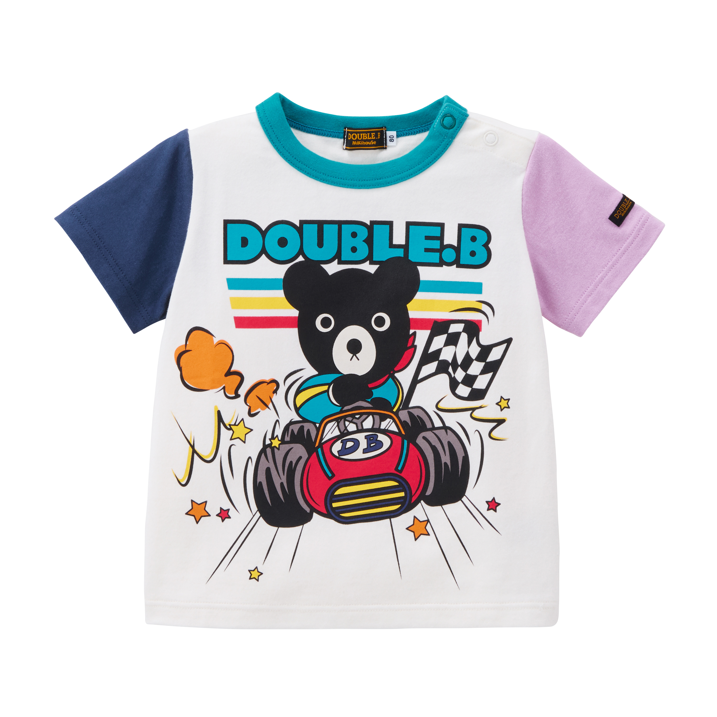 DOUBLE_B 漫畫熊手繪車輛拼色竹節棉短袖T恤-紫色