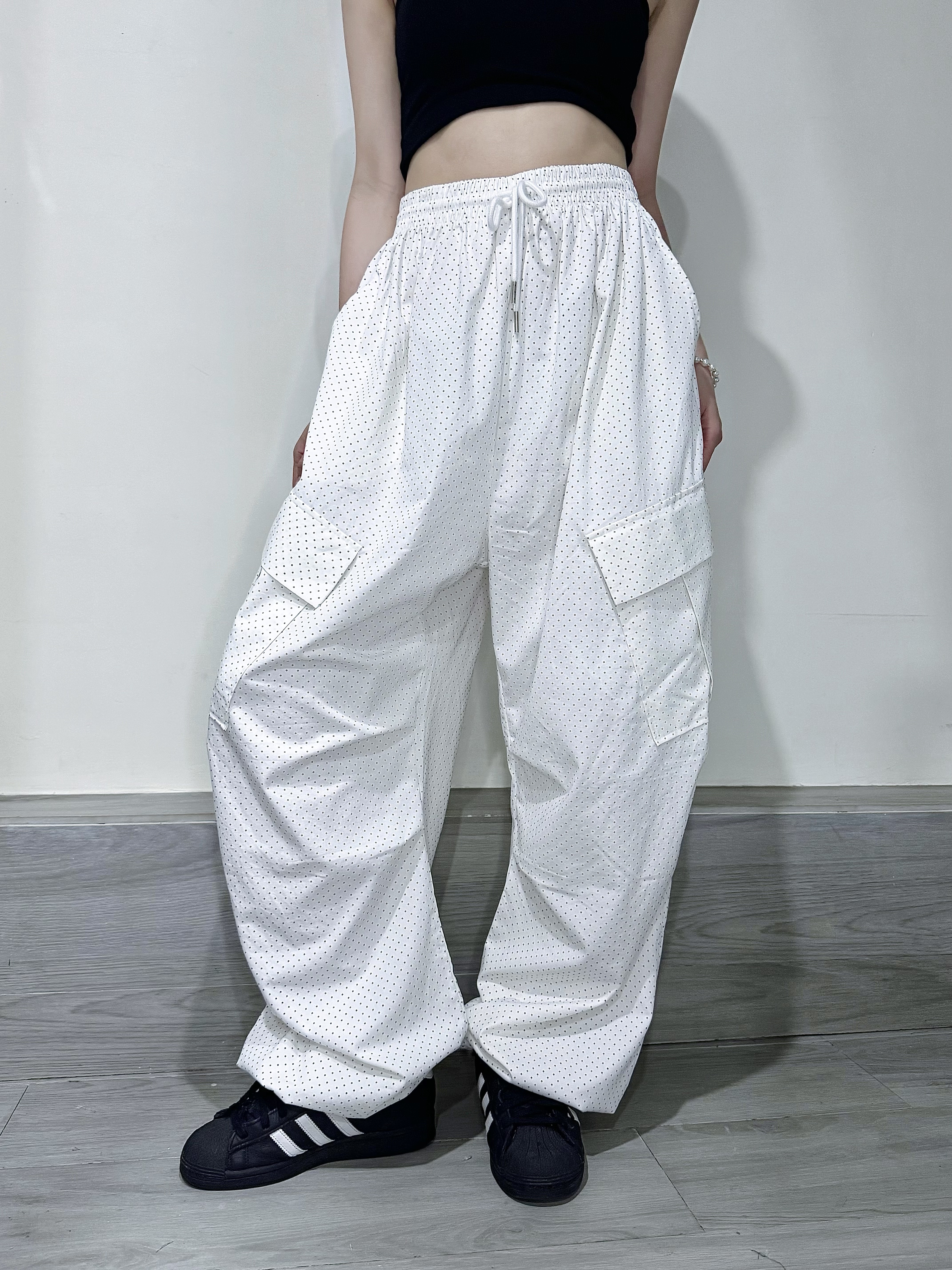 #B001 復古波點工裝索索褲