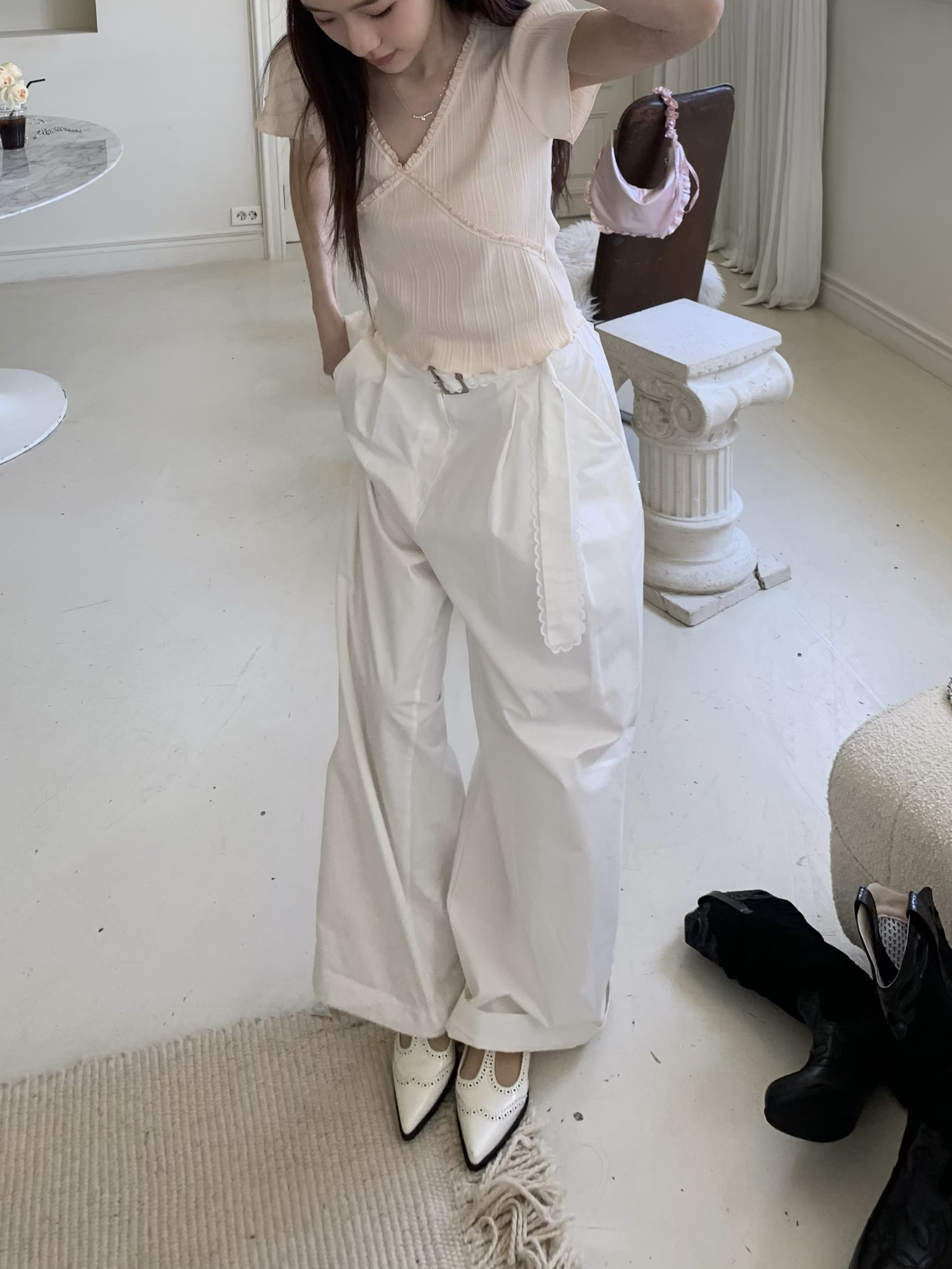 J08 mulholland drive 蕾絲皮帶闊腿長褲