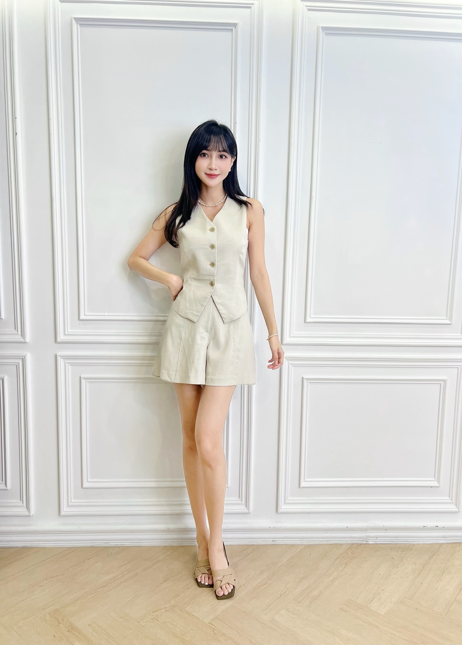 前壓線棉麻短褲