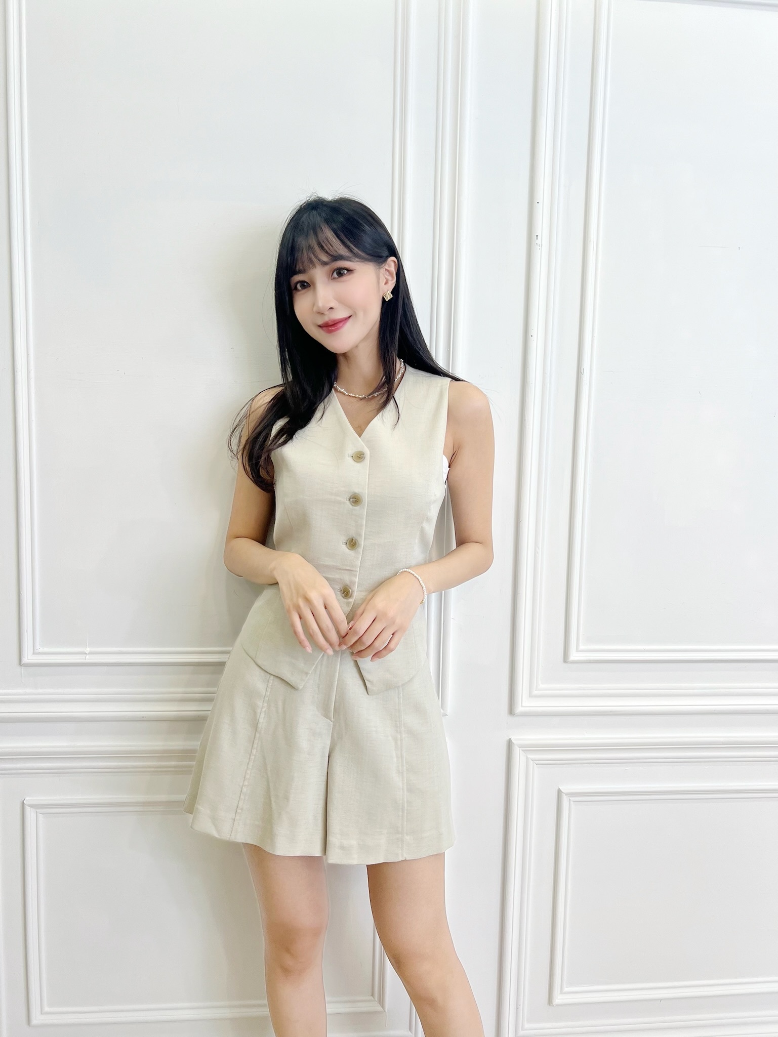 前壓線棉麻短褲