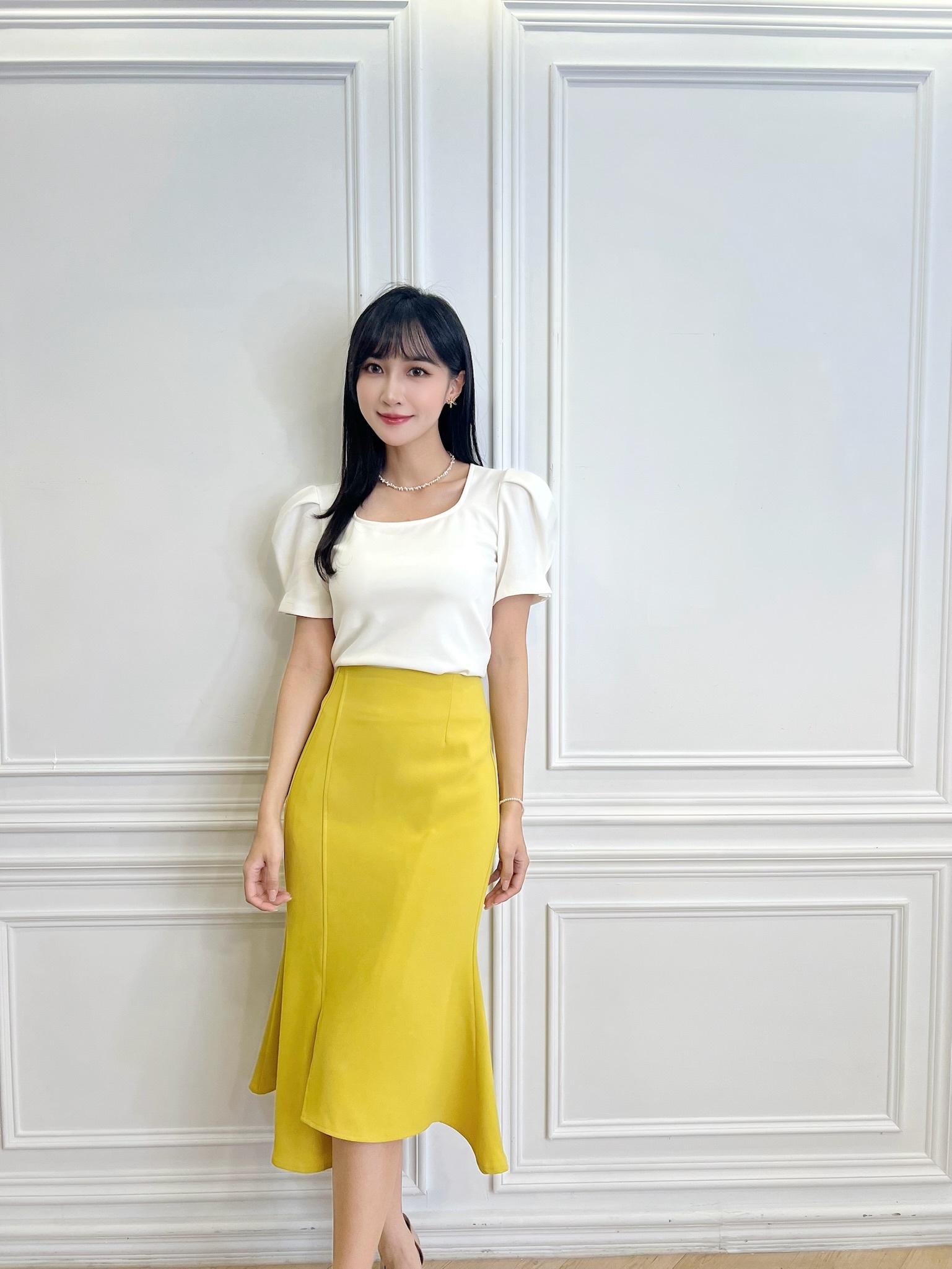 棉料澎袖方領上衣