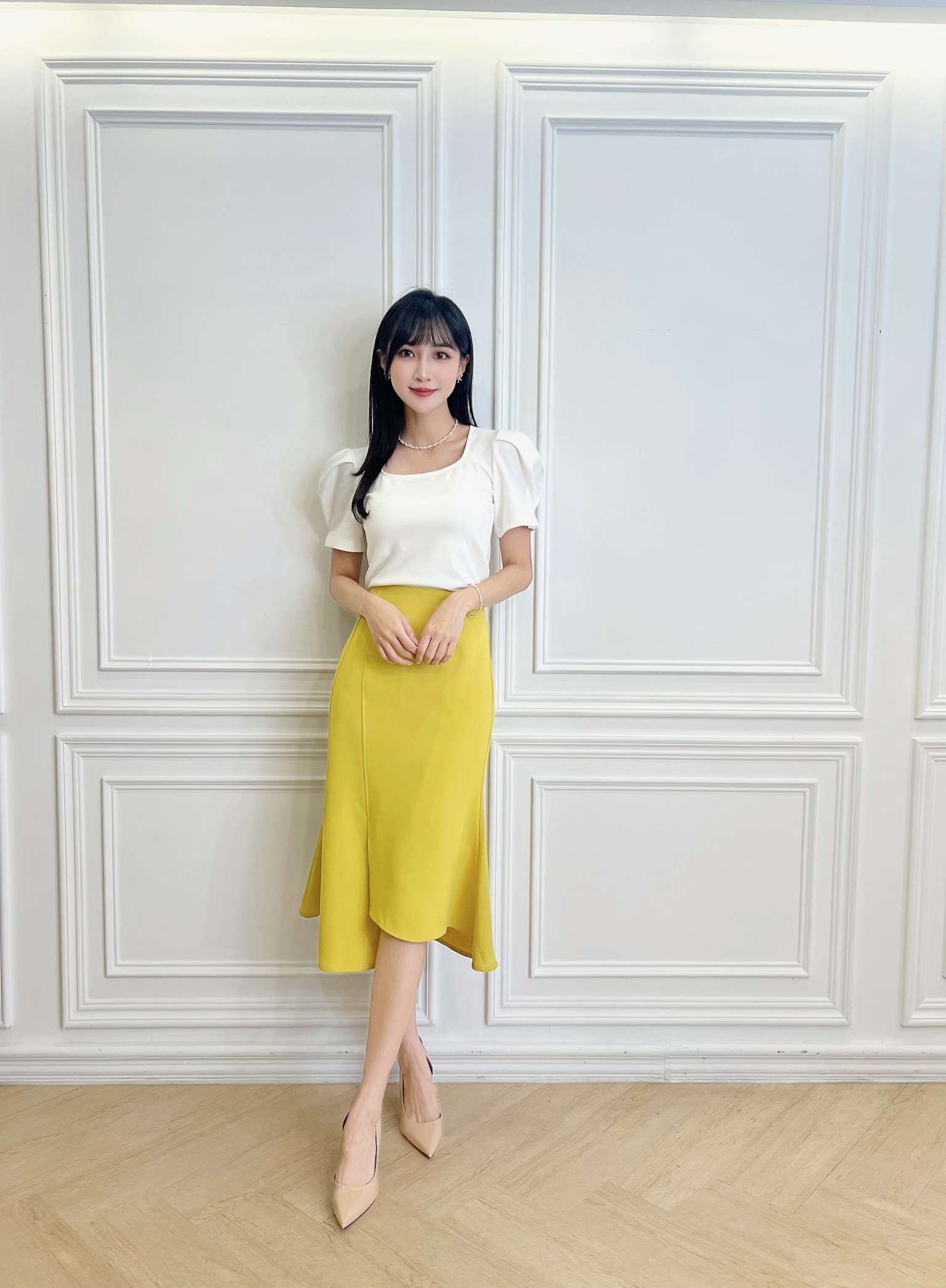 棉料澎袖方領上衣