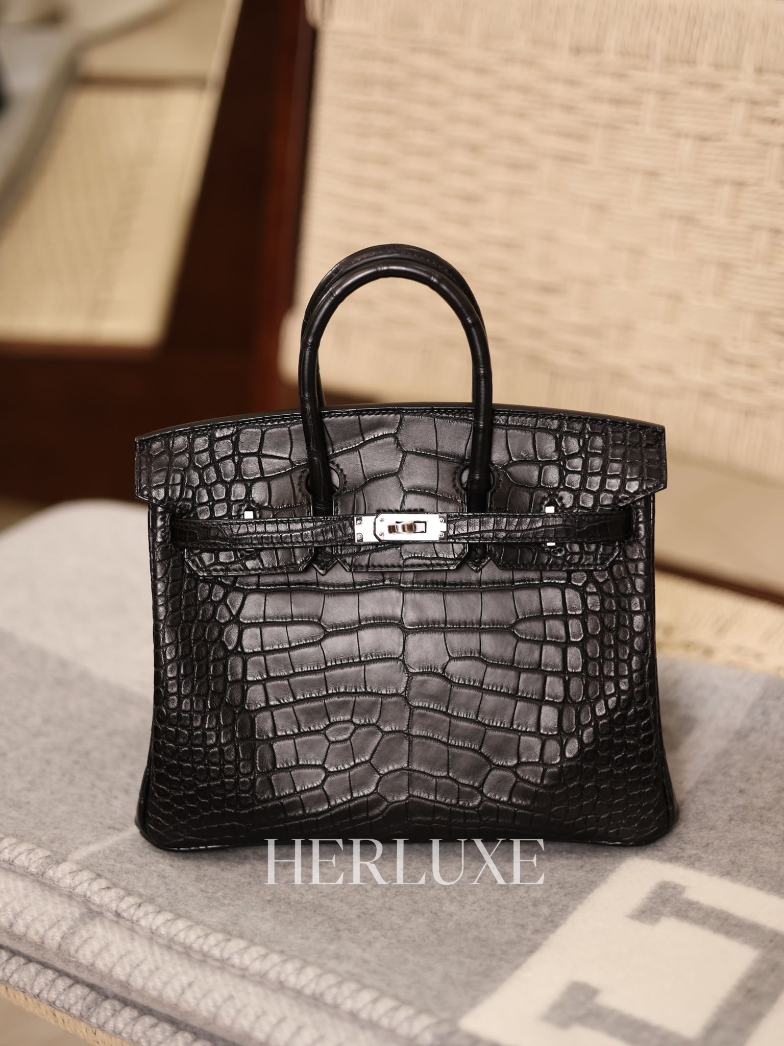 Birkin 25 89 noir ck alligator mat matte crocodile K