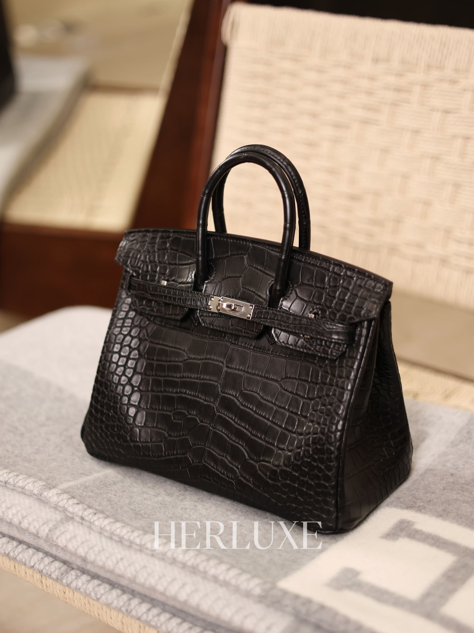 Birkin 25 89 noir ck alligator mat matte crocodile K