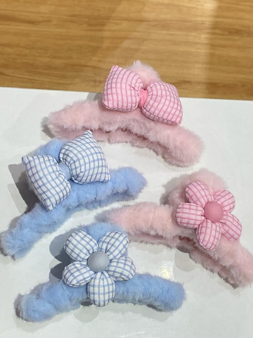 [2 FOR RM10] Plaid Ribbon & Flower Furry Hair Claw