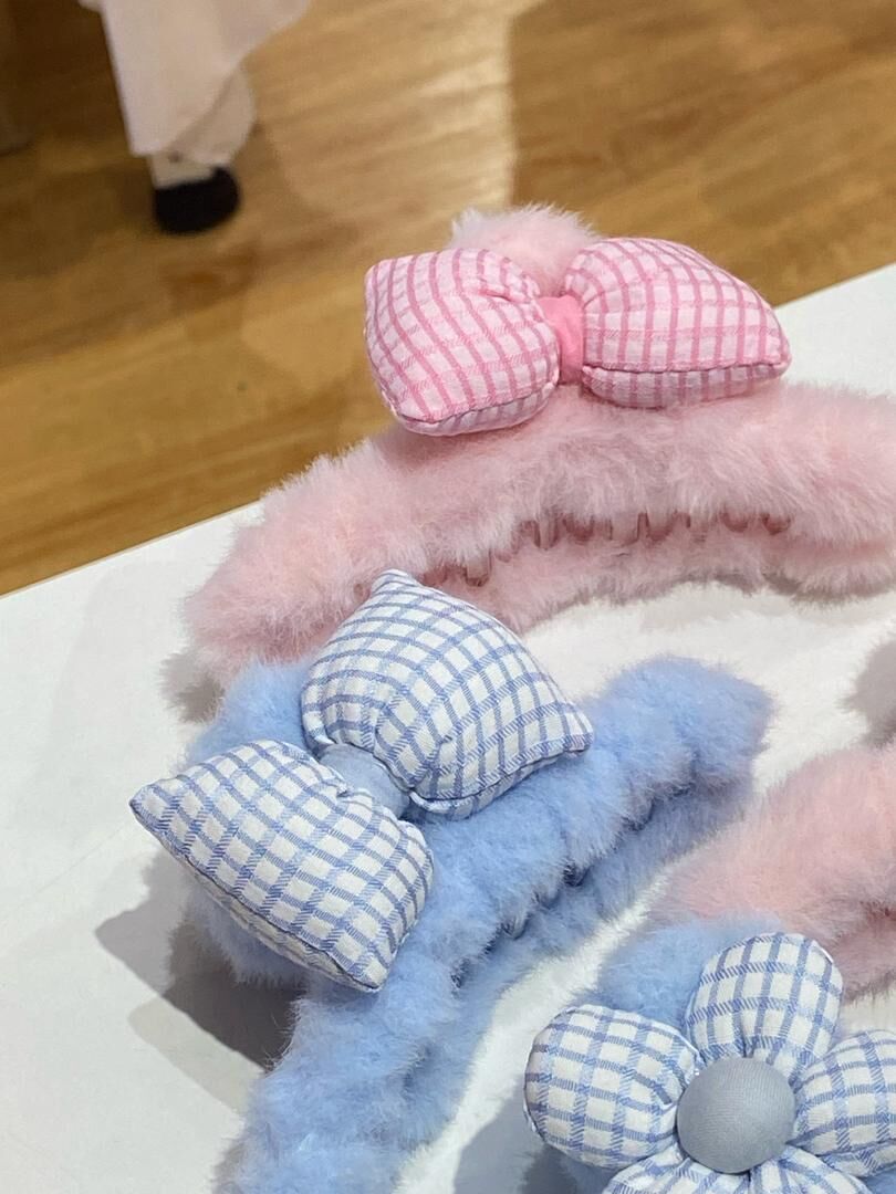 [2 FOR RM10] Plaid Ribbon & Flower Furry Hair Claw