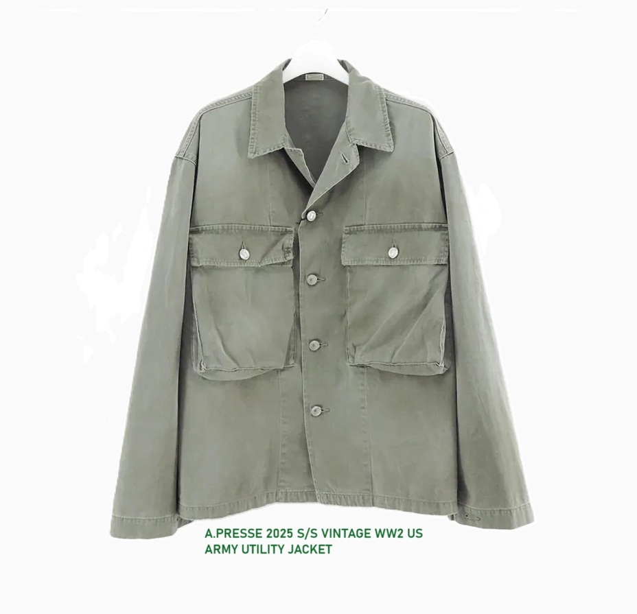 LAST PCS: A.PRESSE 2025 VINTAGE WW2 US ARMY UTILITY JACKET (25AAP-01-50) - SIZE 3 PRE ORDER ITEM (預訂中)