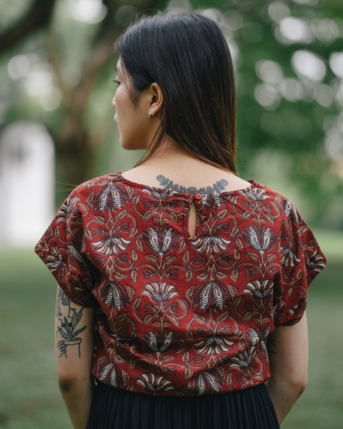 印度蓋染工藝親膚純棉 打結上衣 - 山茶花紅