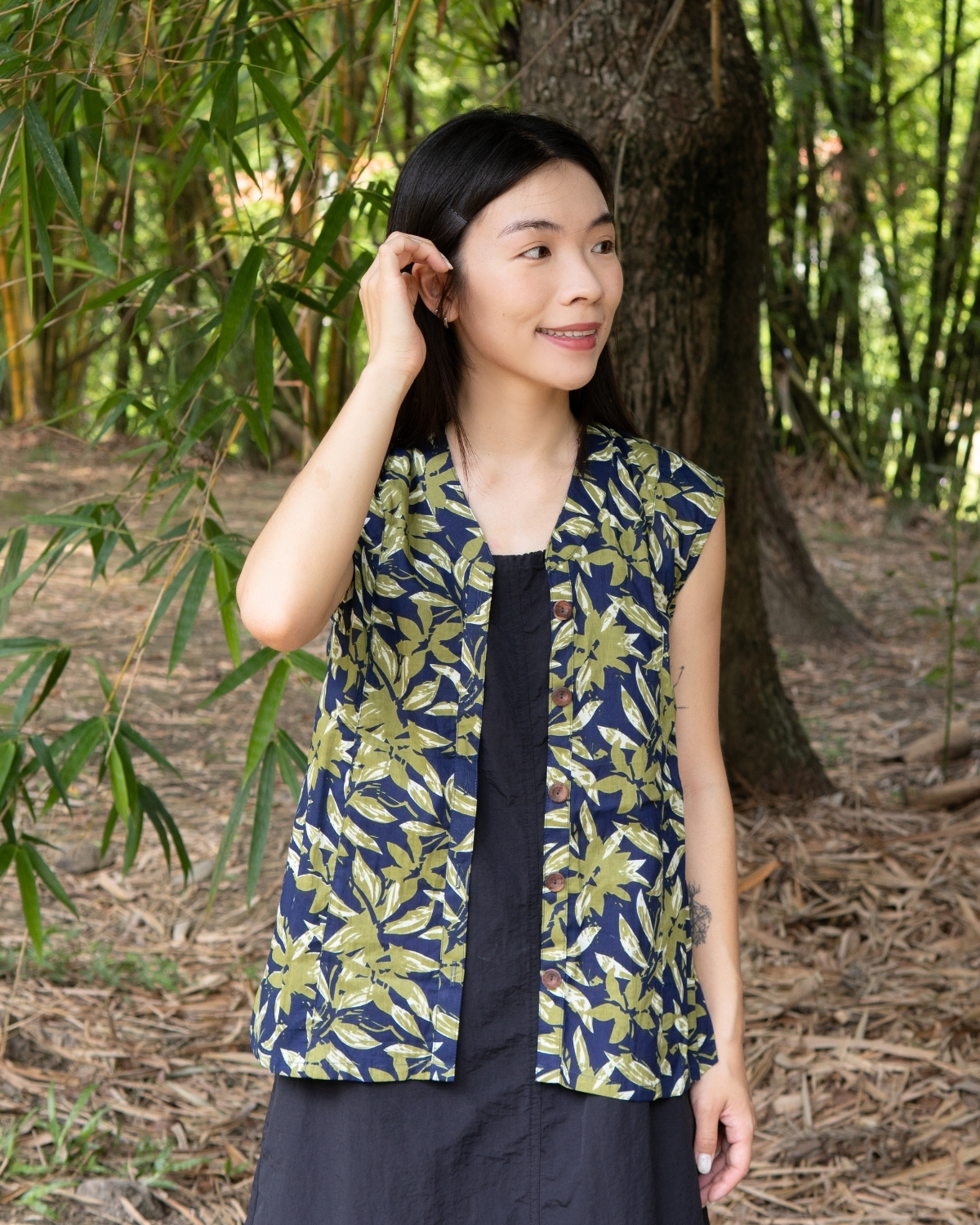 印度蓋染工藝親膚純棉 背心 - 竹葉藍