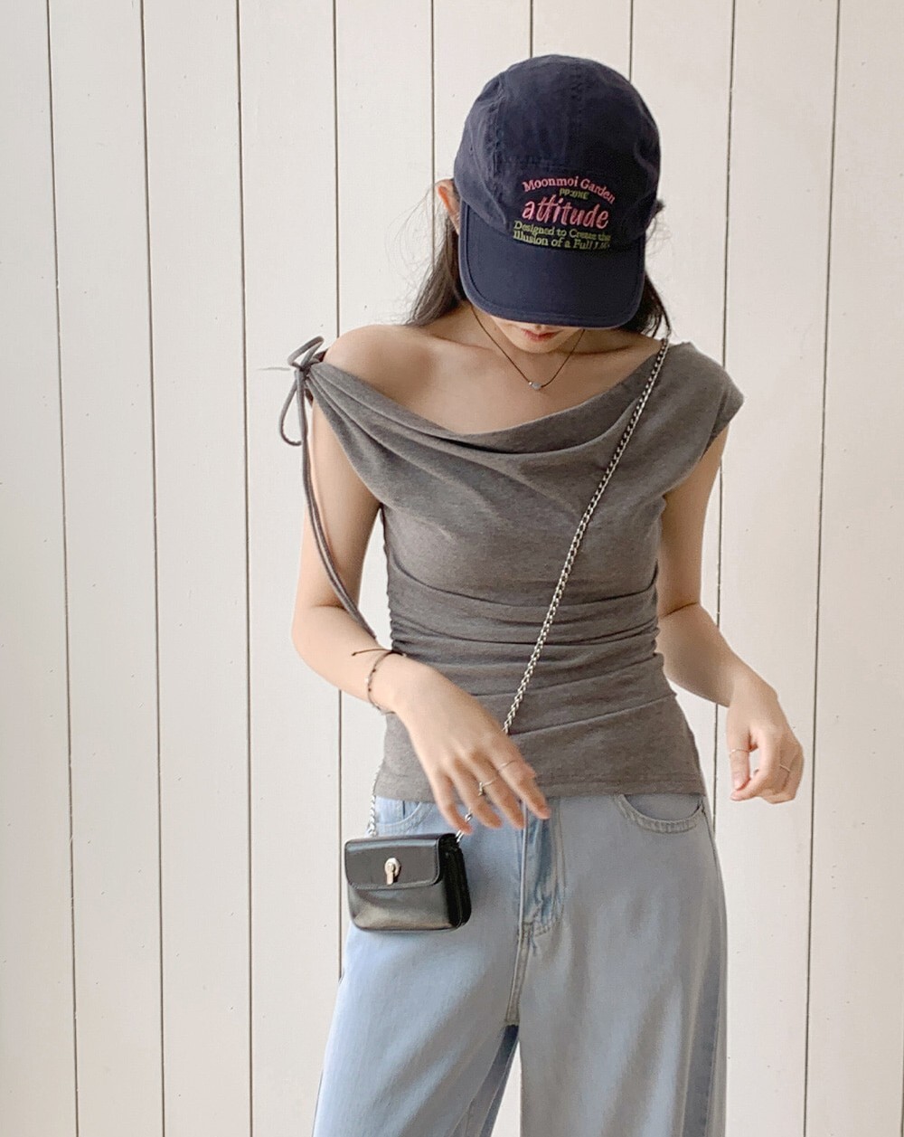 韓國grace muse授權 韓系氛圍單肩綁帶腰抓褶彈性上衣