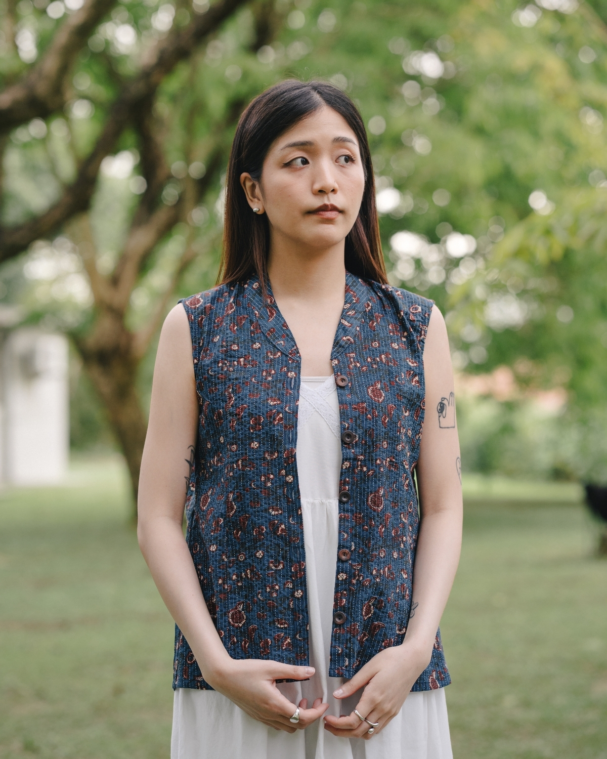 印度蓋染工藝親膚純棉 背心 - 藤蔓海藍