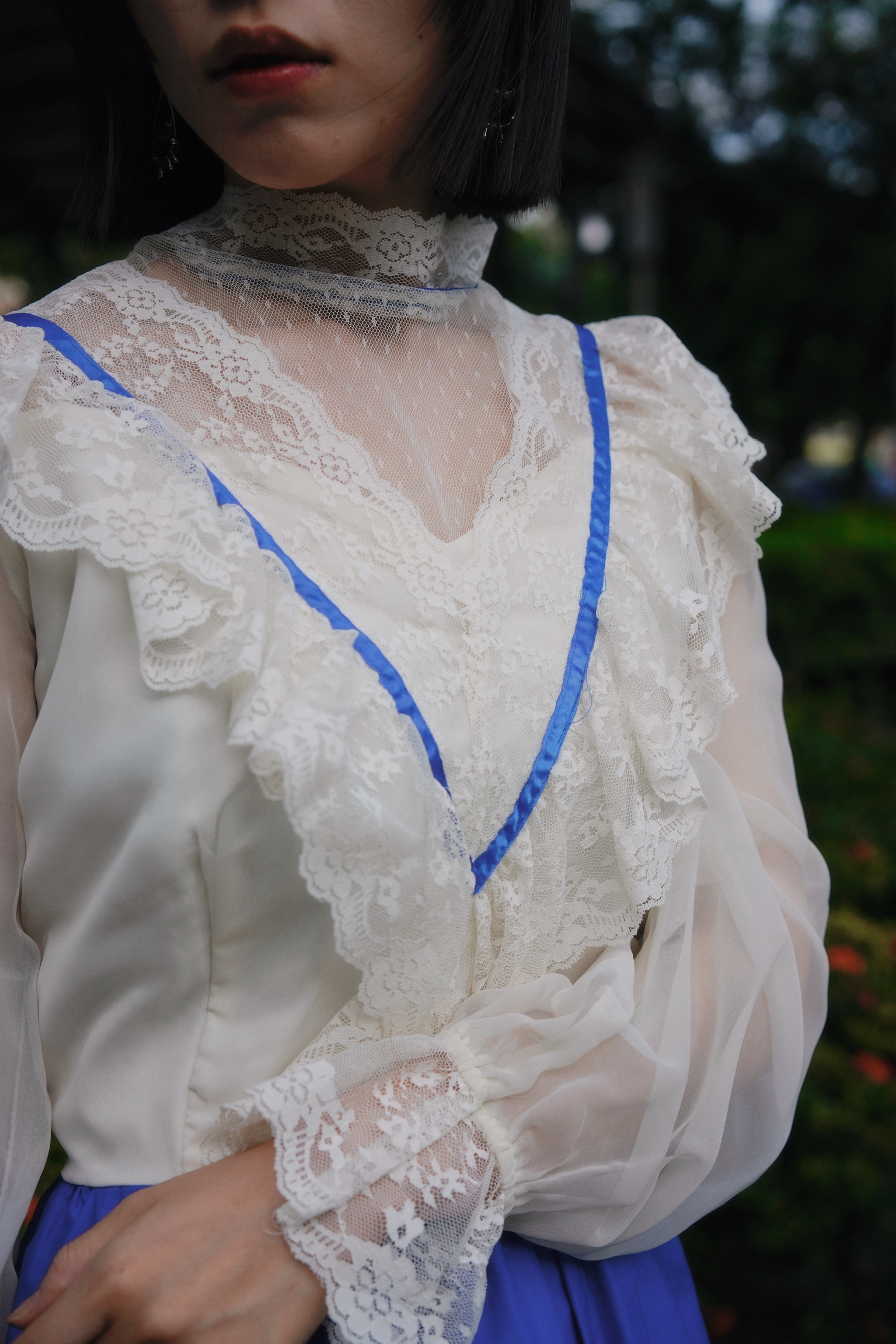 Vintage Dress/古著高領蕾絲長版禮服（藍）