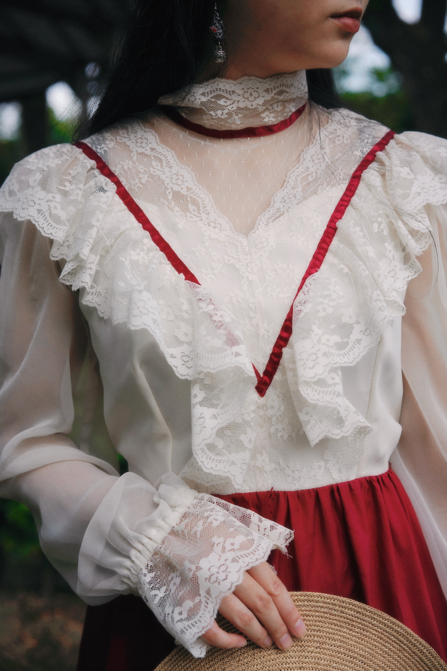 Vintage Dress/古著高領蕾絲長版禮服（紅）