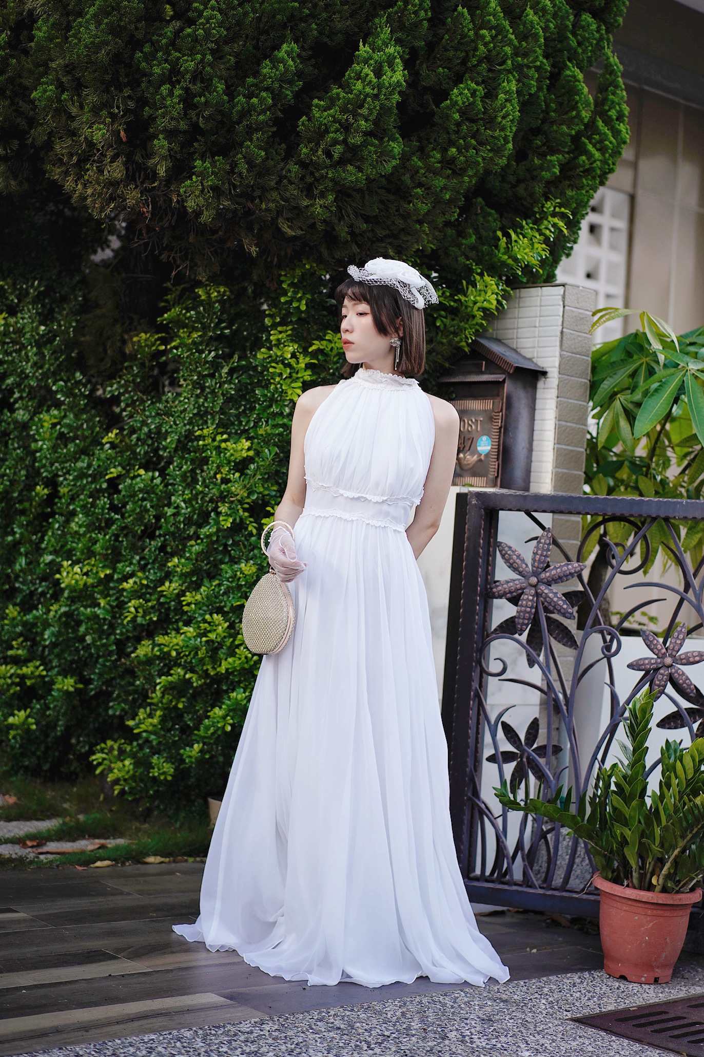 Vintage Dress/古著純白削肩禮服