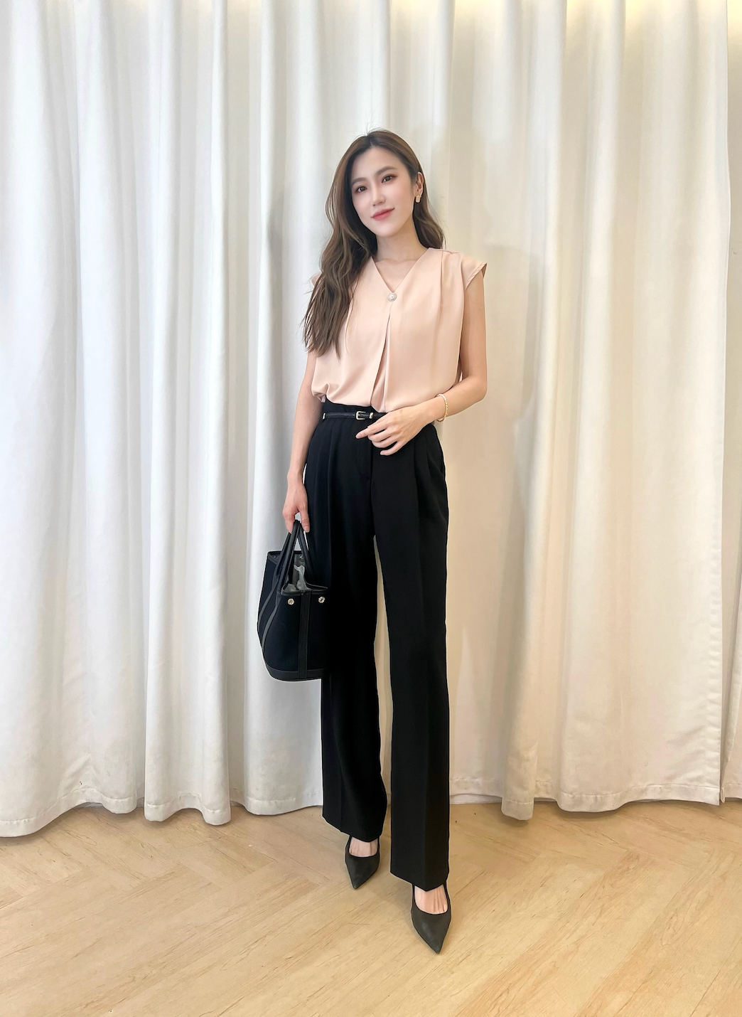 輕盈棉麻包布釦西裝褲