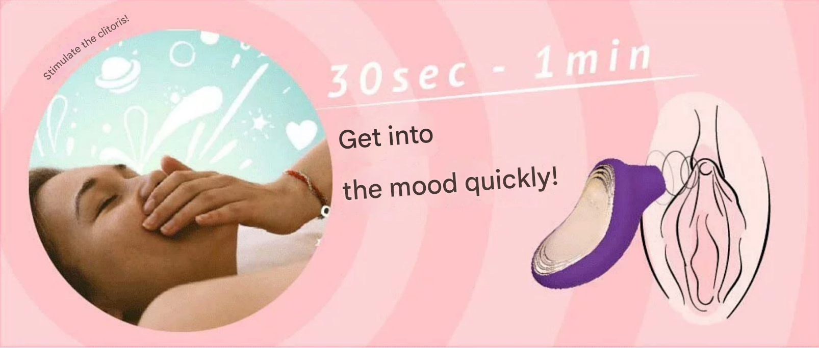 A woman covering her mouth, with a clitoral suction device next to her private area.