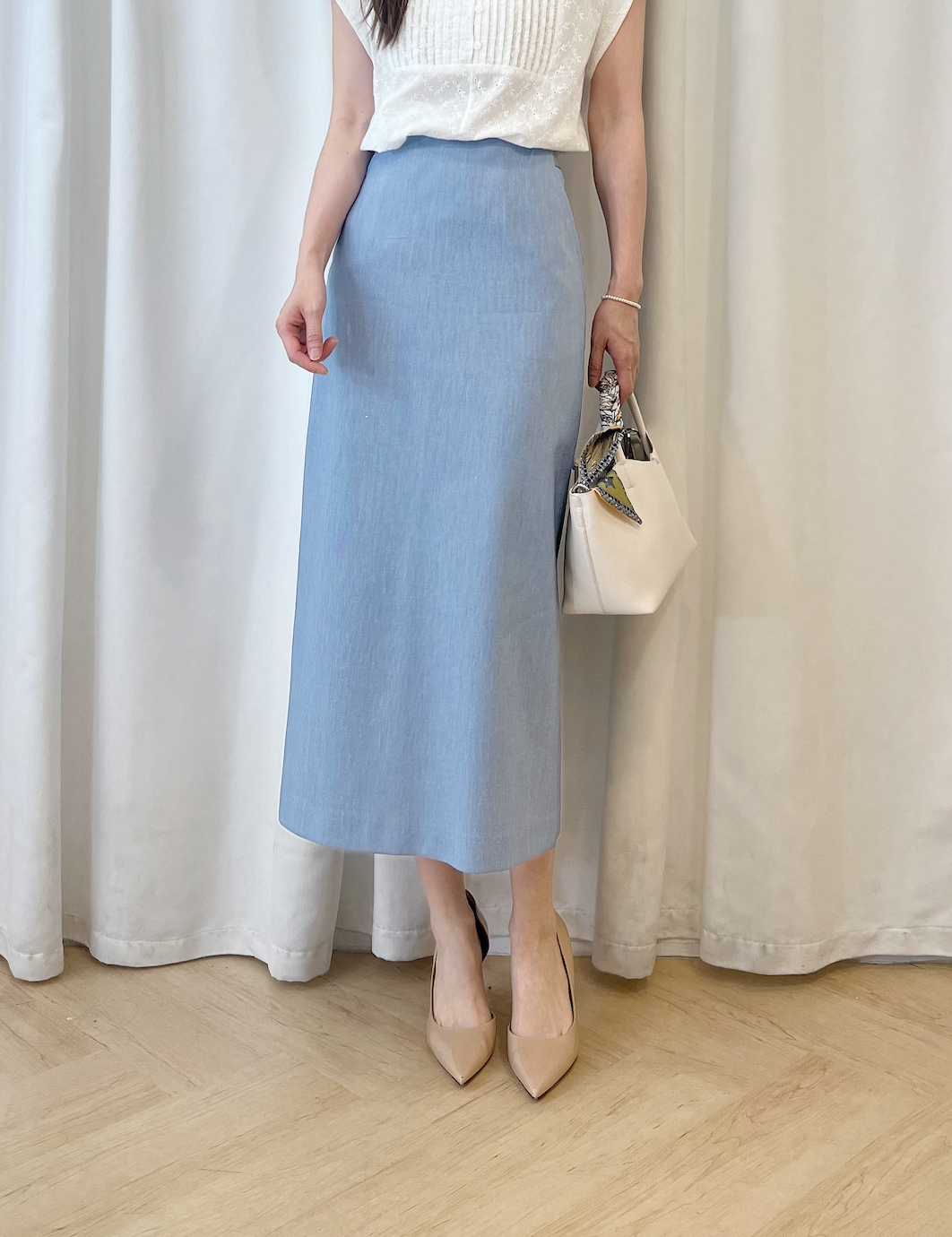 織紋平鬆緊腰中長裙