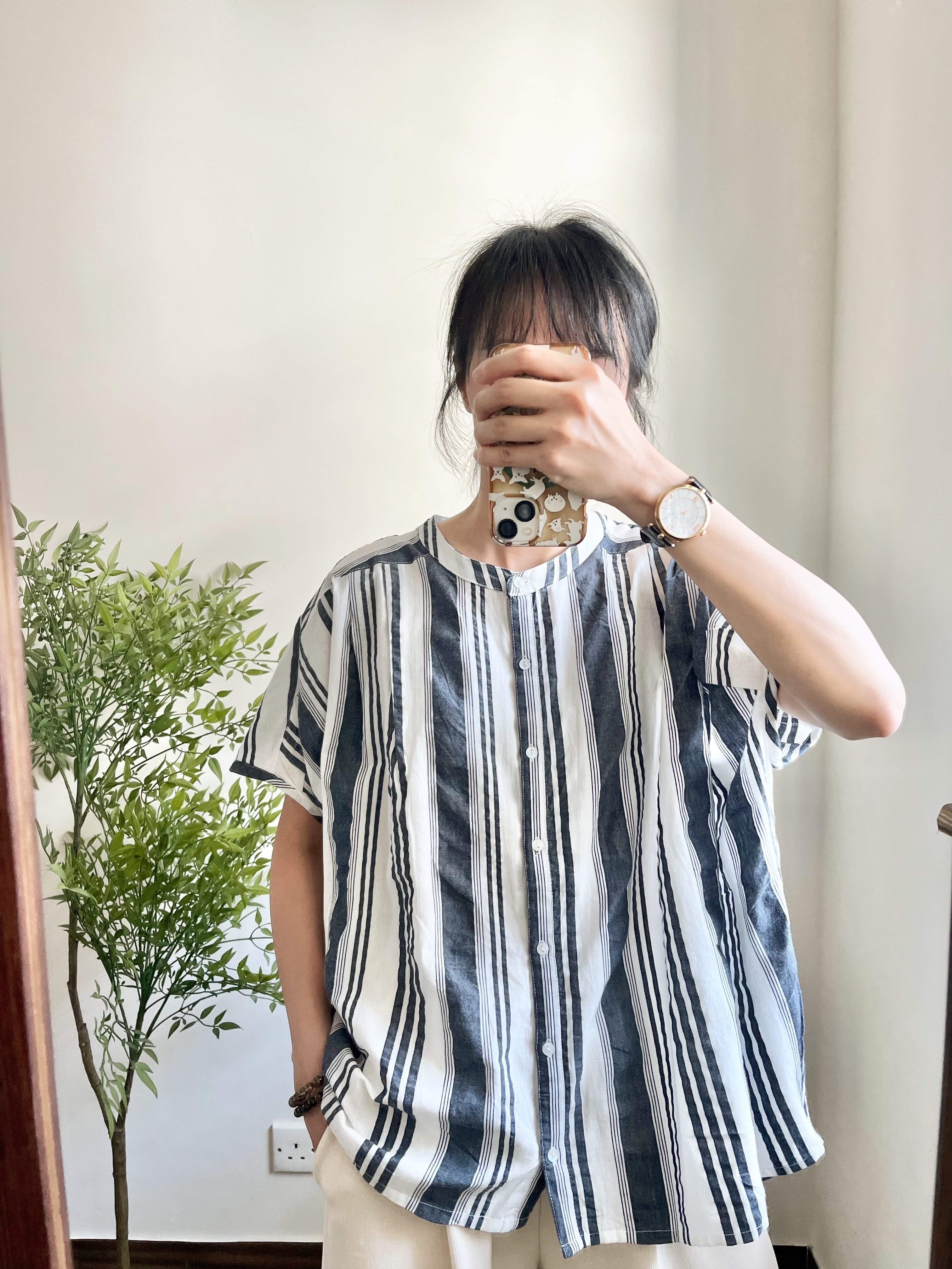 🌿藍白鬆身條子恤衫