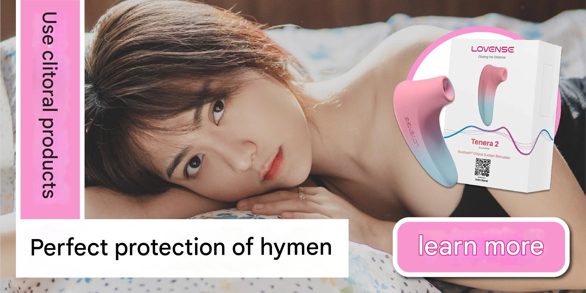 A woman uses a clitoral suction device very carefully.