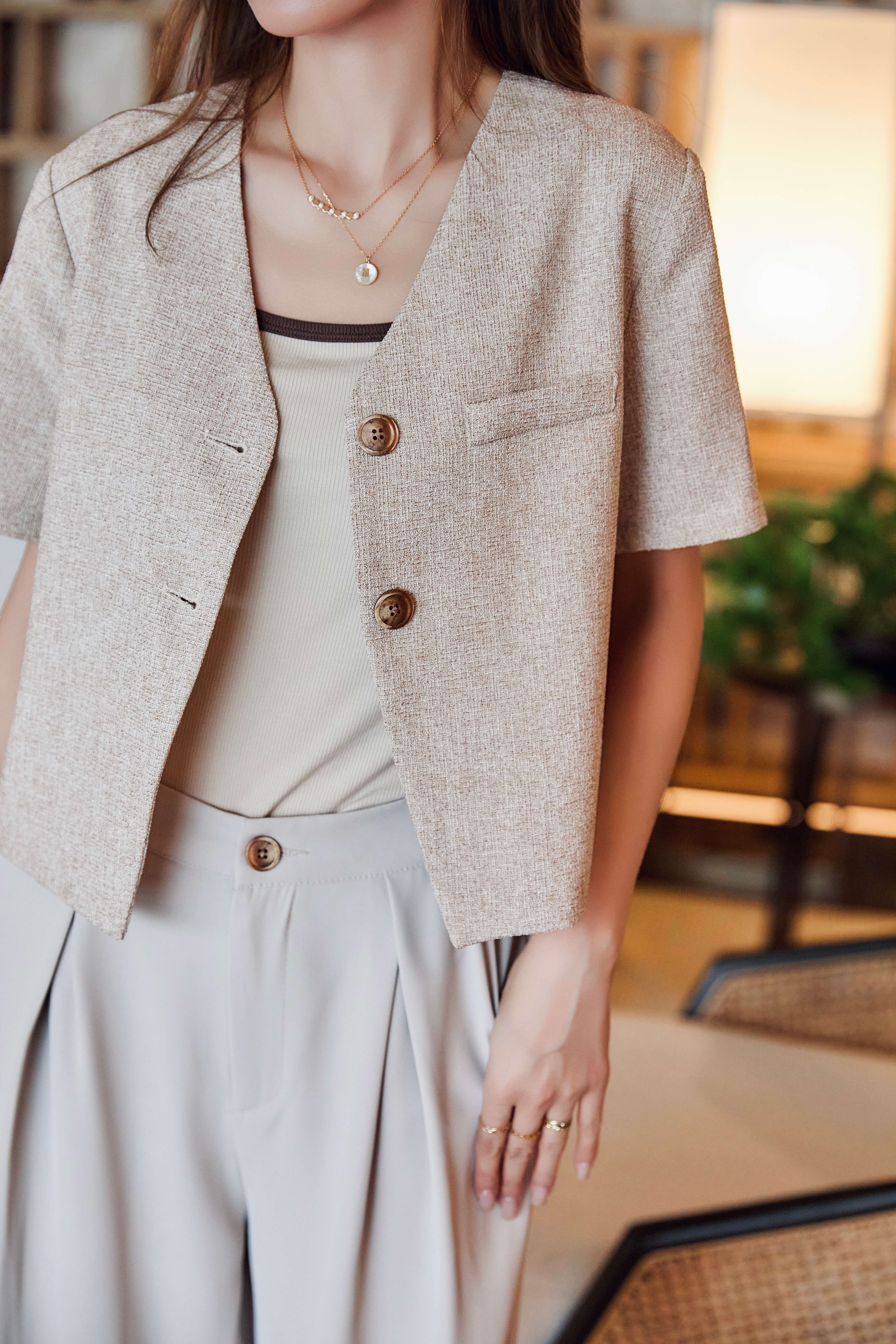 Short Sleeve Linen-Blend Cropped Blazer_BZ257L06